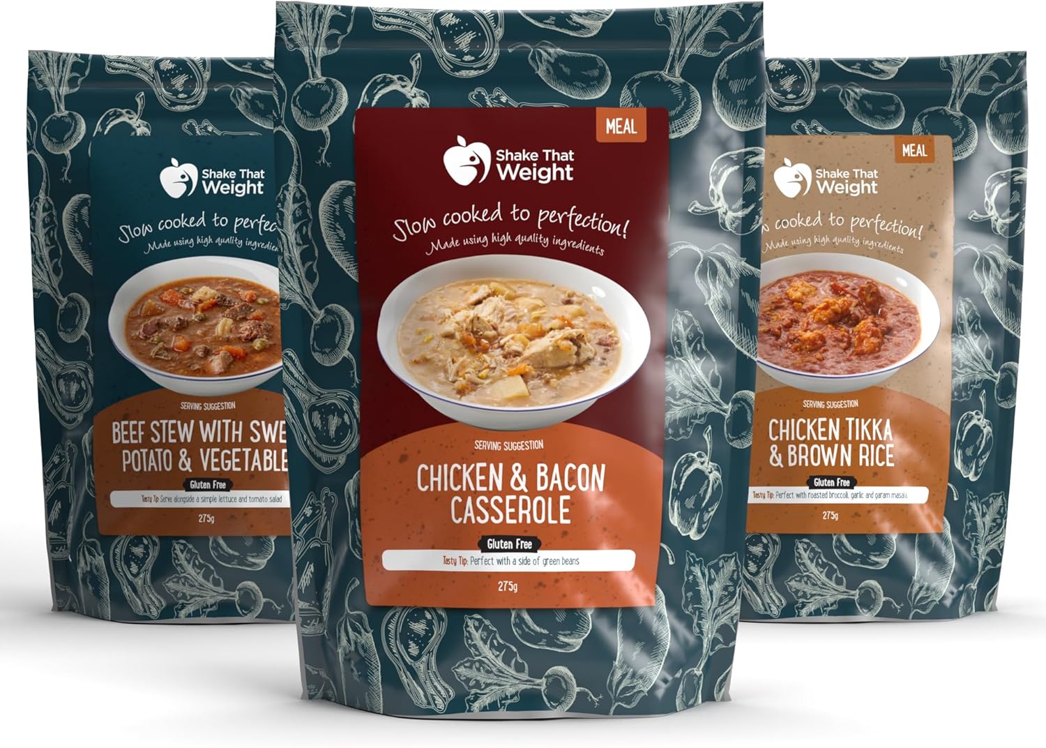 Shake That Weight - Best of British: Chicken & Bacon Casserole, Chicken Tikka with Brown Rice, Beef Stew with Sweet Potato - High Protein Diet Ready Meals, Ready to Eat (MRE) Suitable for Camping