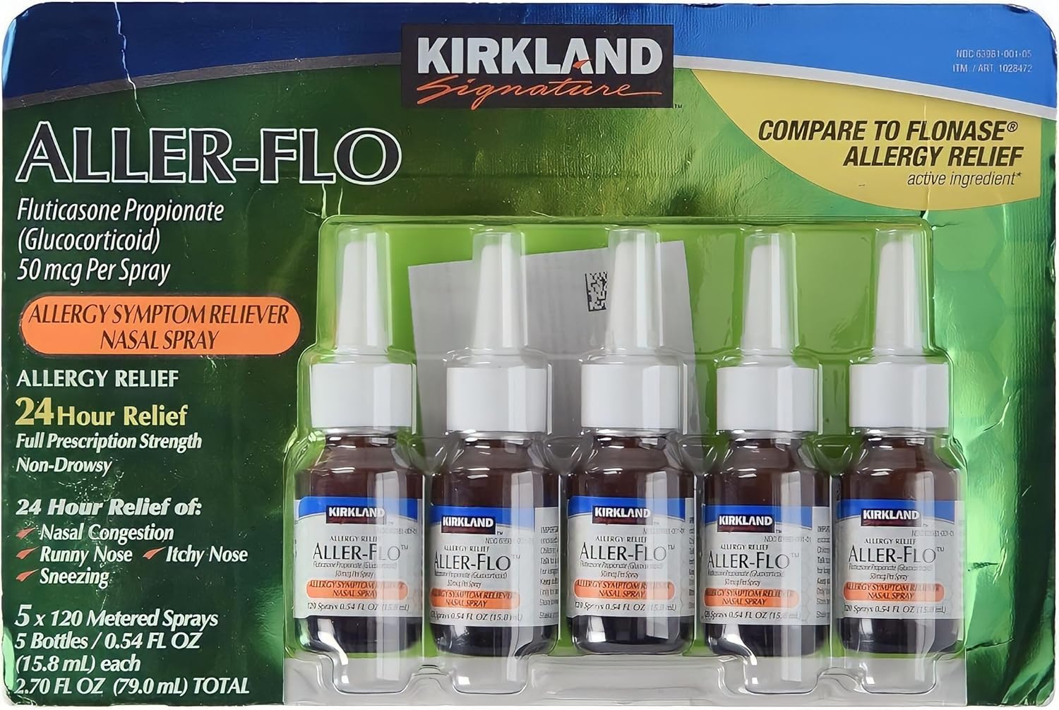 KIRKLAND SIGNATURE Aller-Flo Fluticasone Propionate (Glucorticoid) 5 Bottles x 120 Metered Sprays 0.54 Fl OZ per Bottle (15.8 mL x 5) 2.70 OZ Total (79 mL Total) 600 Total Sprays Total, 1-Pack