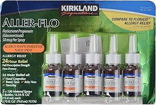 KIRKLAND SIGNATURE Aller-Flo Fluticasone Propionate (Glucorticoid) 5 Bottles x 120 Metered Sprays 0.54 Fl OZ per Bottle (15.8 mL x 5) 2.70 OZ Total (79 mL Total) 600 Total Sprays Total, 1-Pack