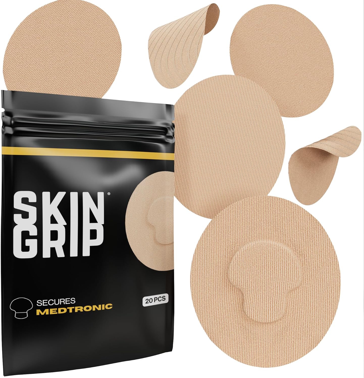 Skin Grip CGM Sensor Patches Compatible with Medtronic Guardian (20-Pack), Waterproof & Sweatproof for 10-14 Days, Pre-Cut Adhesive Tape, Continuous Glucose Monitor Patch, Tan