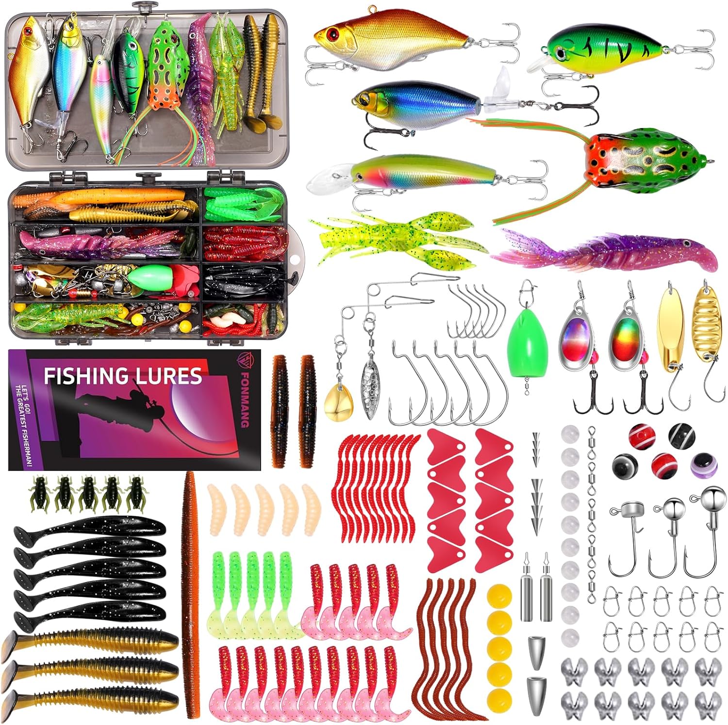 153Pcs Fishing Lures Tackle Box Kit – Complete Fishing Gear Set with Weights, Assorted Baits, Hooks & Tackle Included for Bass, Trout, Walleye Freshwater & Saltwater Fishing Gift for Men