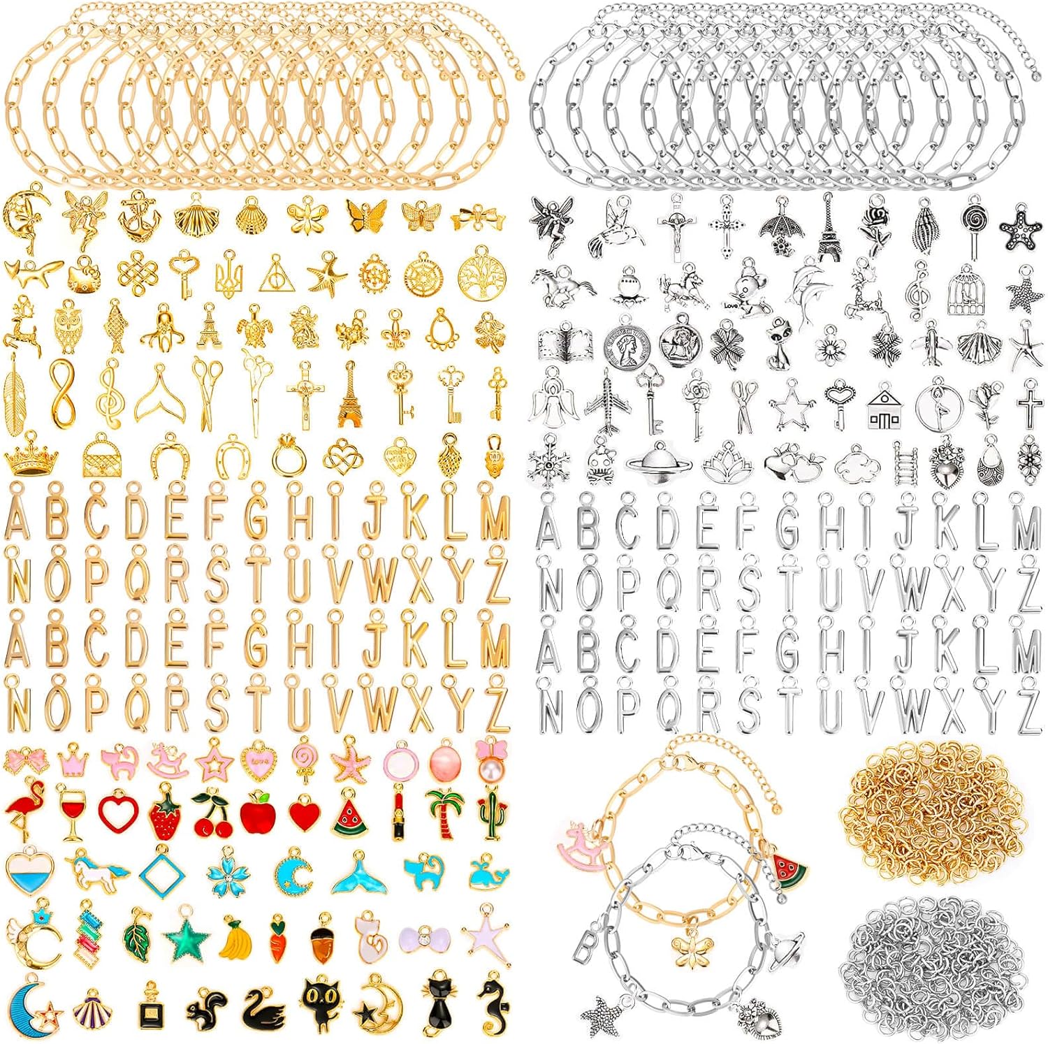 Mckanti 674 Pieces Charm Bracelet Making Kit, Including Paperclip Chain Bracelets, Charms, Jump Rings for DIY Bracelet Making(Gold & Silver)