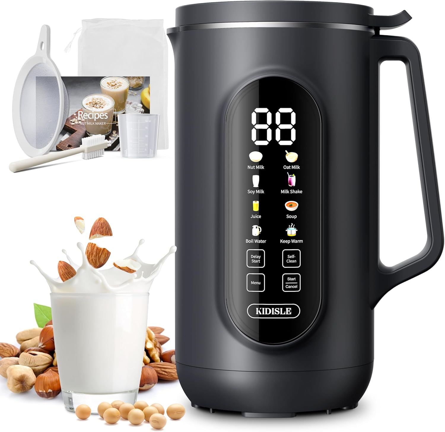 8-in-1 Nut Milk Maker Machine, 35oz Plant-Based Milk & Soup Machine with 12H Delay Start, Self-Clean, Keep Warm – Soy, Oat, Almond & More, Black
