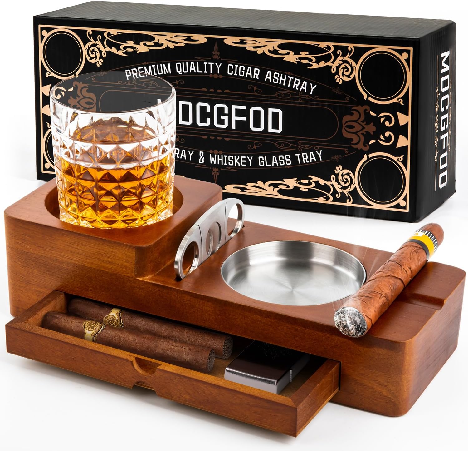 Cigar Ashtray Coaster Whiskey Glass Tray and Holder, Wooden Ash Tray Cigar Accessory Set Gift for Men Dad, Great Decor for Home (Large drawer)