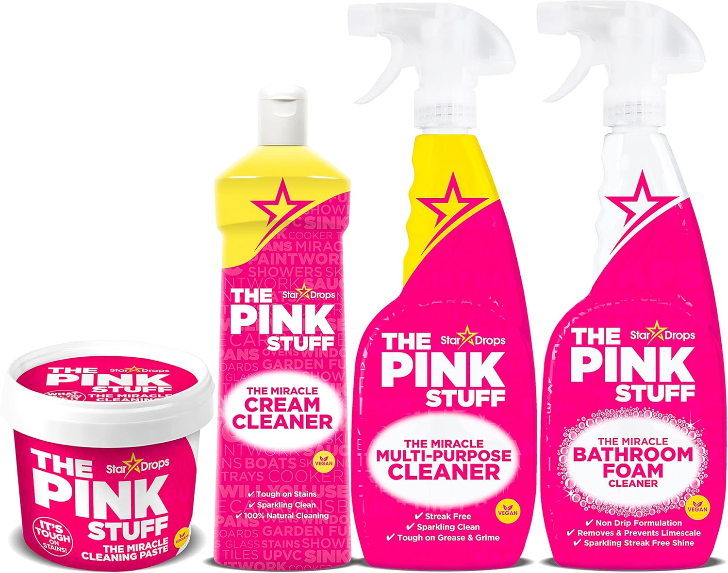 Stardrops - The Pink Stuff - Miracle Cleaning Ultimate Bundle – Paste, Multi-Purpose Spray, Bathroom Foam Spray, and Cream Cleaner – Ideal for Kitchens, Bathrooms, Outdoors, and More