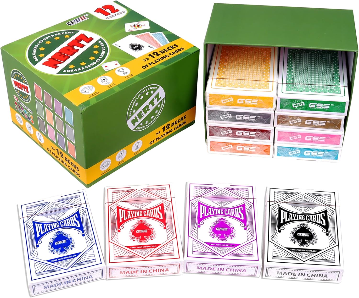 GSE Games & Sports Expert 12-Deck Nertz Card Game, Standard Playing Cards Bulk with 12 Unique Colors, Multiplayer Solitaire Cards Compatible with Poker, Blackjack, Rummy, Go Fish, Bridge