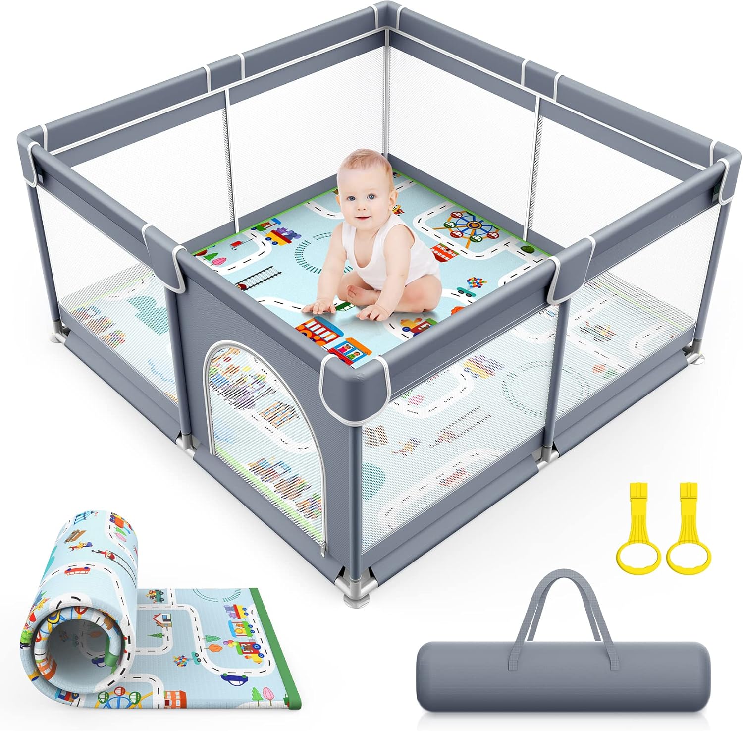 VANCLE Baby Playpen with Mat 127cm x 127cm Playpen for Babies and Toddlers, Playard for Kids Safety Play Yard Indoor & Outdoor Baby Fence Activity Center, Gray (127cmx127cm)