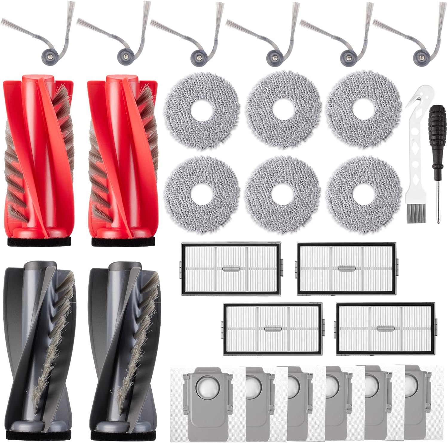 28 Pack Accessories for Roborock Saros 10R / Qrevo CurvX Vacuum Robot, Replacement 4 Main Brushes 6 Mop Pads 6 Dust Bags 6 Sidebrushes 4 Filters 1 Cleaning Brush 1 Screwdriver