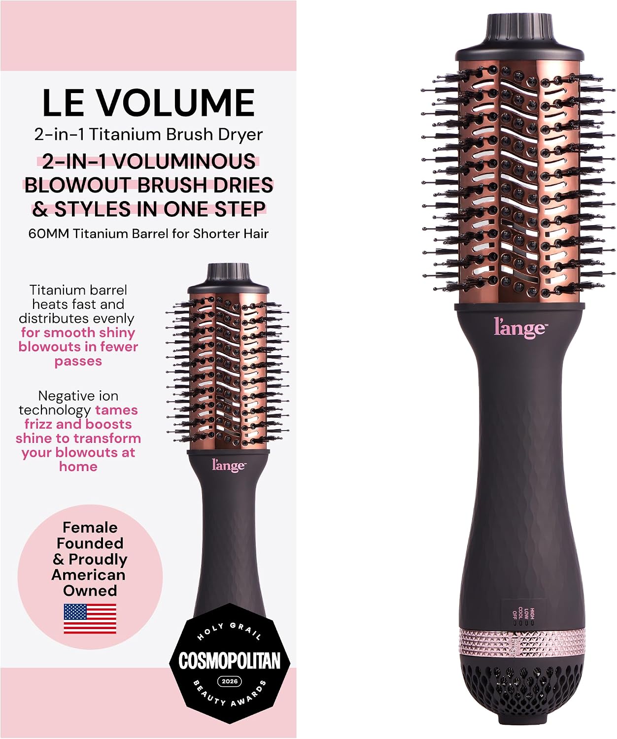 L'ANGE HAIR Le Volume 2-in-1 Titanium Blow Dryer Brush | Frizz Control Blowout Hair Dryer Brush for Drying and Styling | Volumizing Hot Air Styler for All Hairstyles | Oval Barrel | Black - 60mm