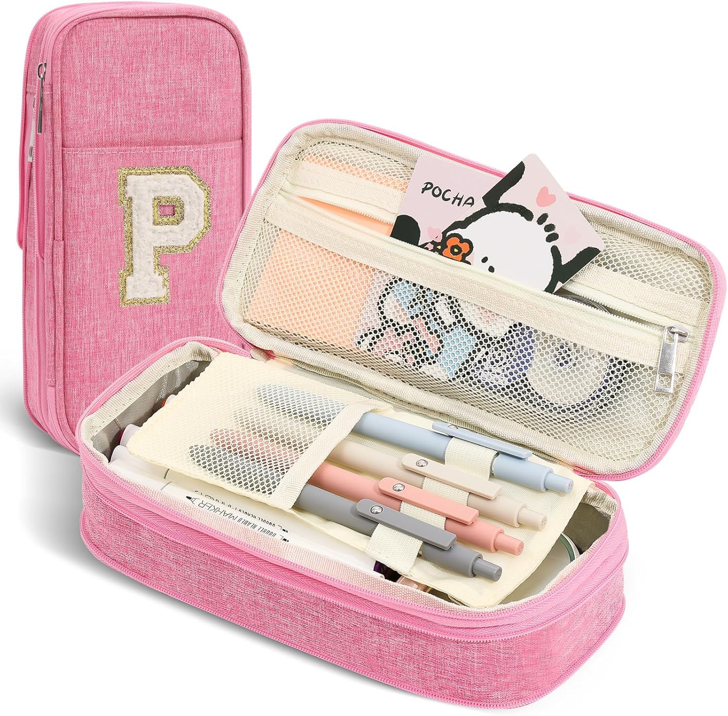 Pencil Bag, Pencil Case for Girls Women, Preppy Pencil Case, Large Initial Pencil Pouch with Zipper, Back to School Supplies, Aesthetic Pen Case Box for Kids Teen Girls - P(Pink)