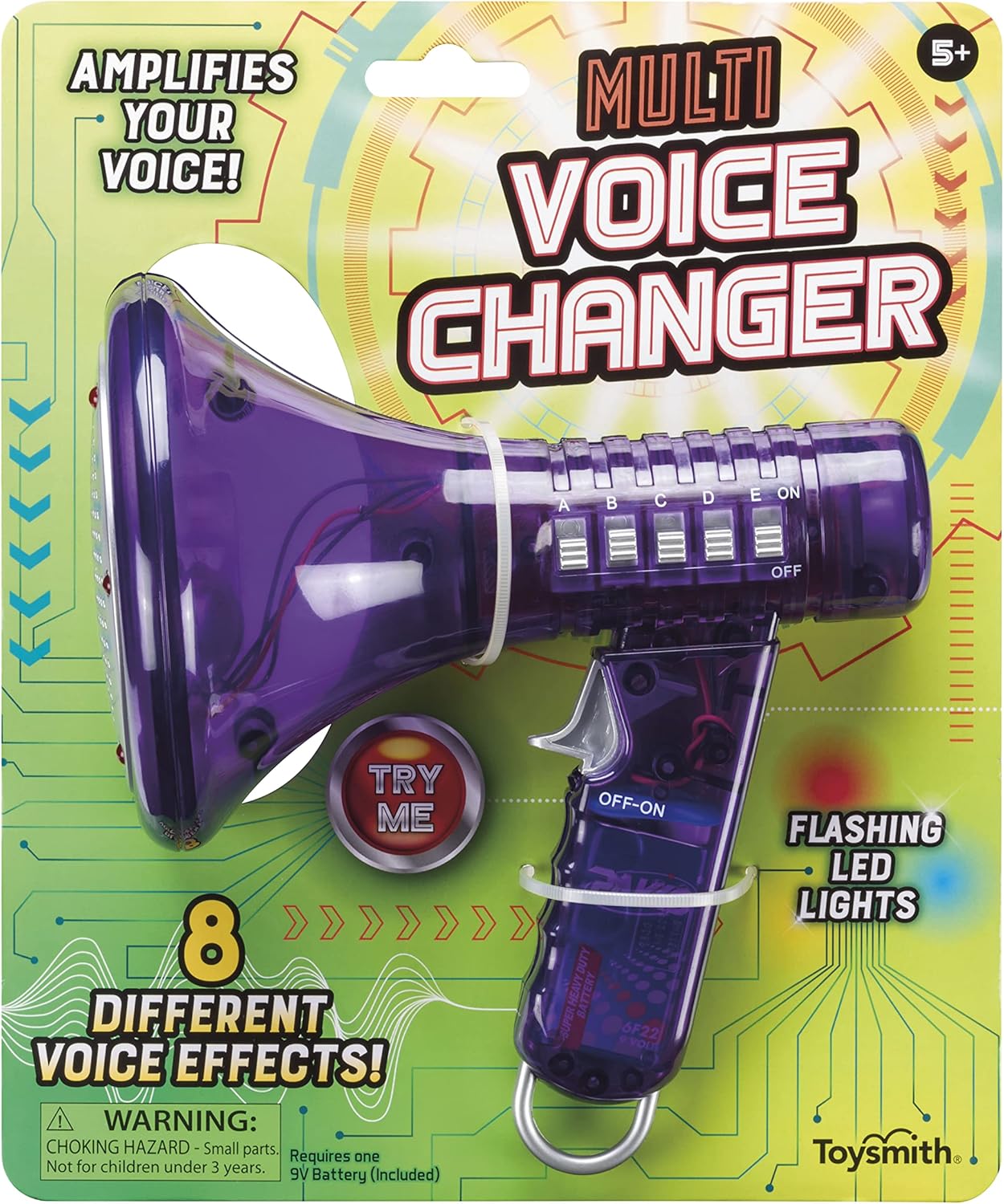 Toysmith Tech Gear Multi Voice Changer – Megaphone Toy with 8 Voice Effects and LED Lights – Fun Outdoor Toy for Kids Ages 5+ – Cool Gag Gifts or Birthday Gift Idea – Colors May Vary, Battery Included