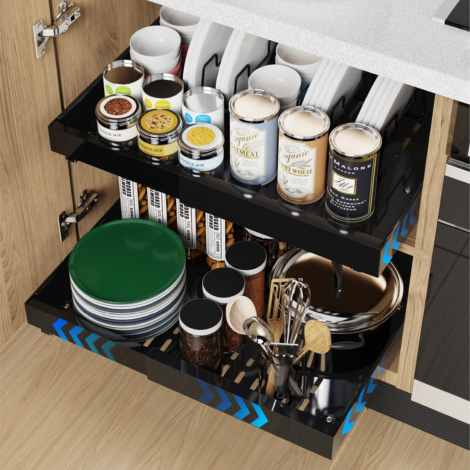 iHomara 2 Pack Expandable Pull Out Cabinet Organizer, Slide Out Drawers for Kitchen Cabinets, Pull 0ut Kitchen Storage 53cm deep with 8 crockery holders Black
