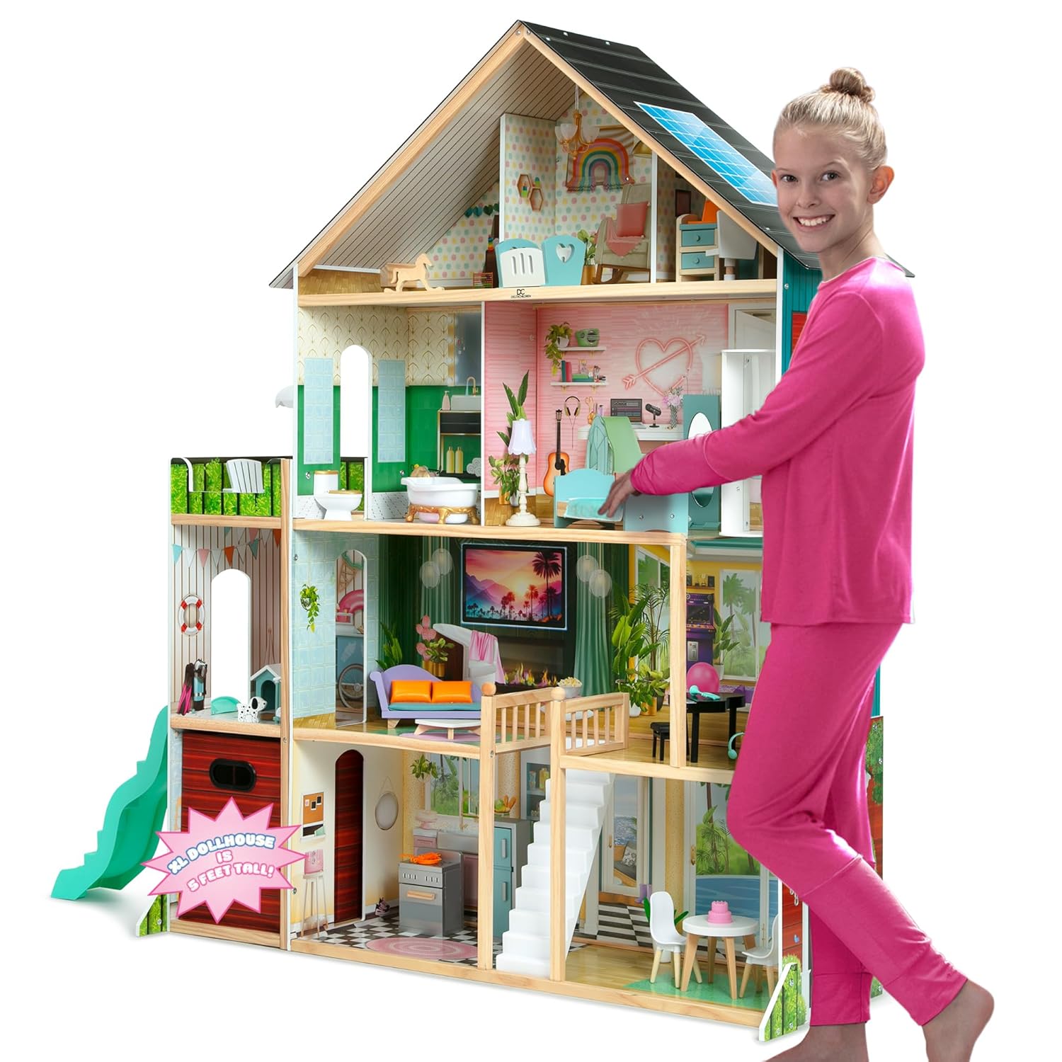 Delta Children Deluxe Maui Dollhouse - Large 4-Story Dollhouse with 12 Rooms Includes 50 Accessories - Working Elevator, Wave Slide, Lights/Sounds - Fits 12-inch Dolls - Pretend Play Gift for Ages 3+