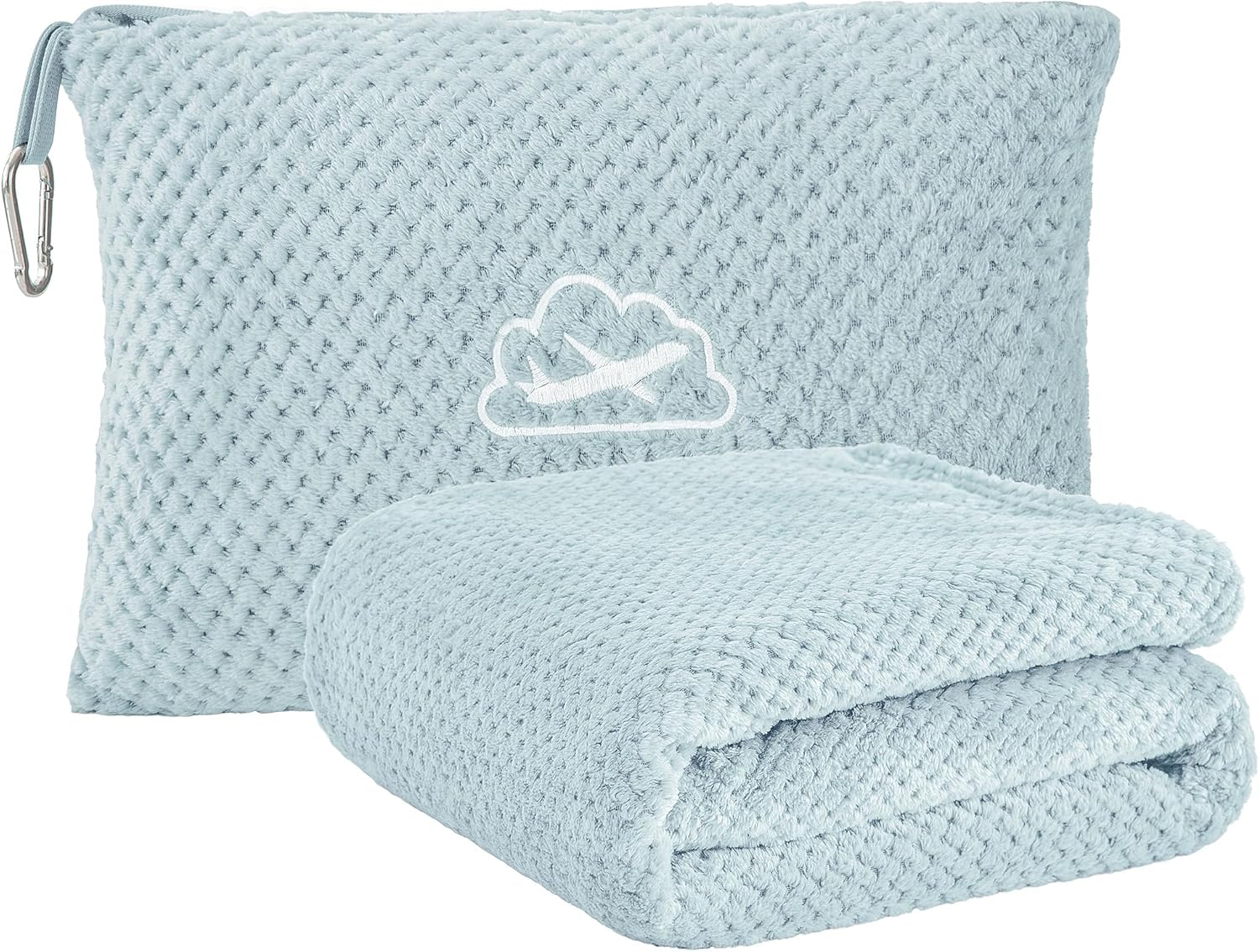 BEDELITE Travel Blanket and Pillow Set 2-in-1, Ultra-Soft Jacquard Fleece Blanket with Bag, Airplane Blanket with Luggage Sleeve & Backpack Clip Travel Essentials, Blue