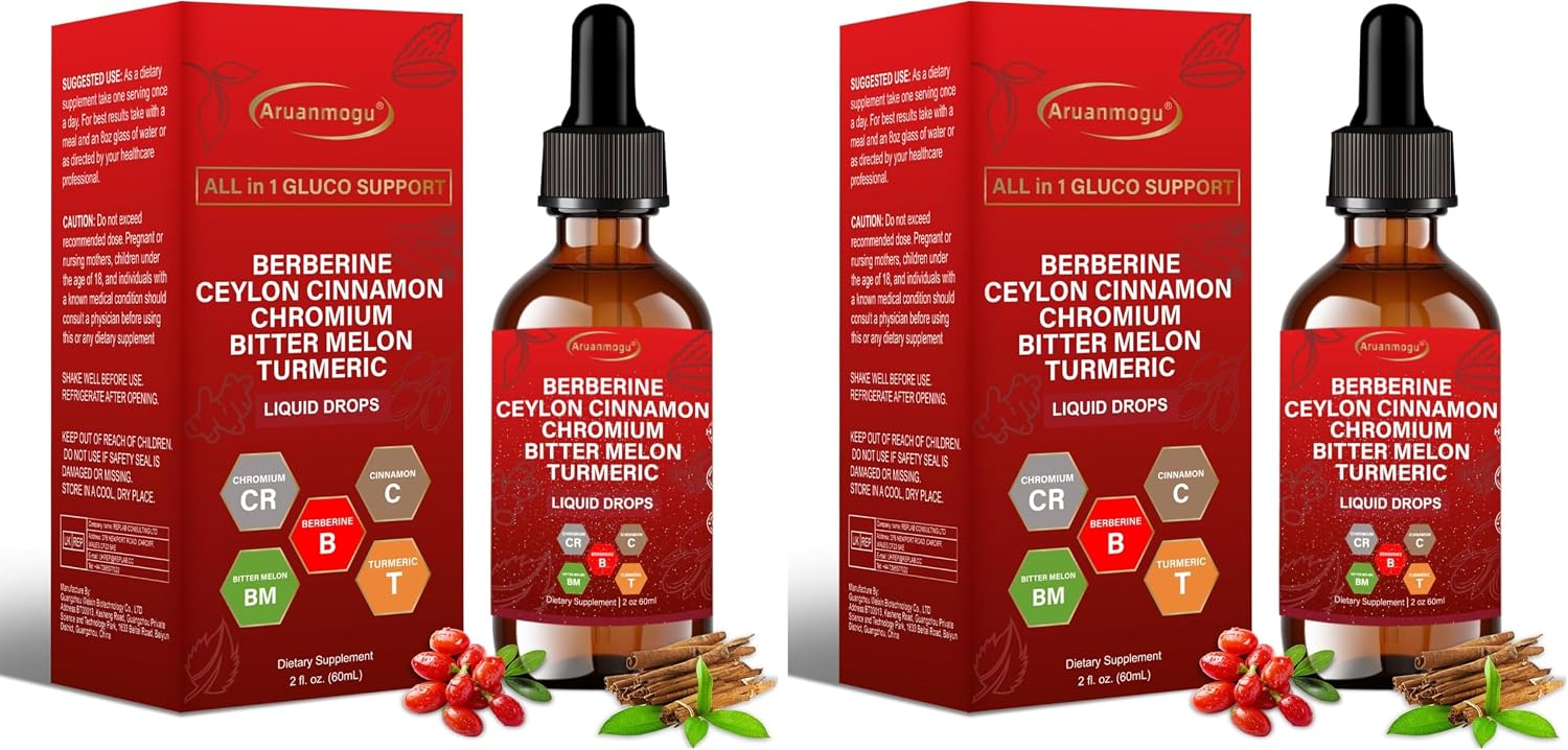 60ML Berberine with Ceylon Cinnamon Supplement Liquid Drops + Bitter Melon Extract, Glucomannan, Gymnema, Chromium, Turmeric, Panax Ginseng (Pack of 2)
