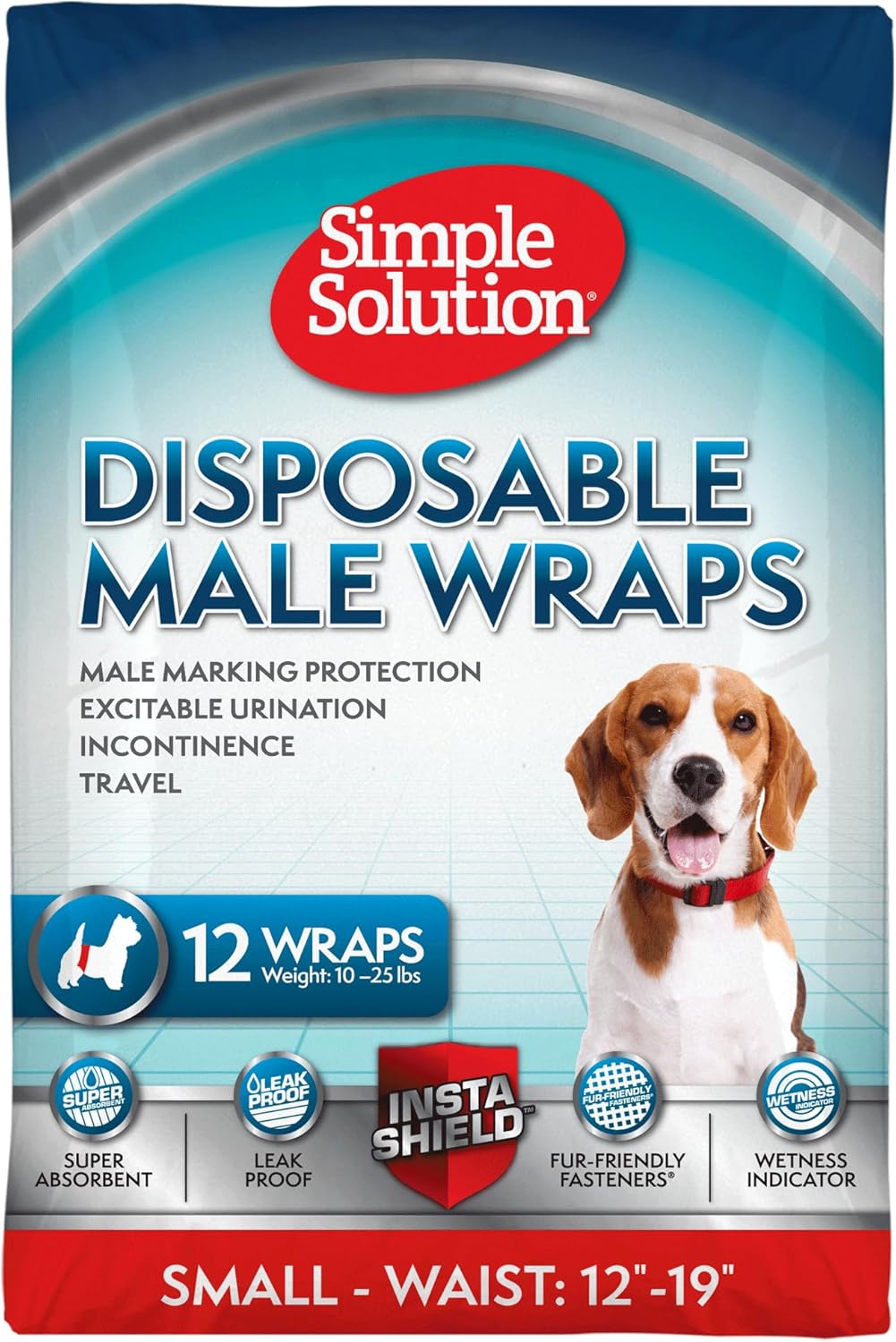 Simple Solution Disposable Dog Wraps, Male Dog Diapers, Puppy Potty Training, Incontinence and Travel Protection, Wraps for Small Dogs, 12-19 Inch Waist, 30 Count