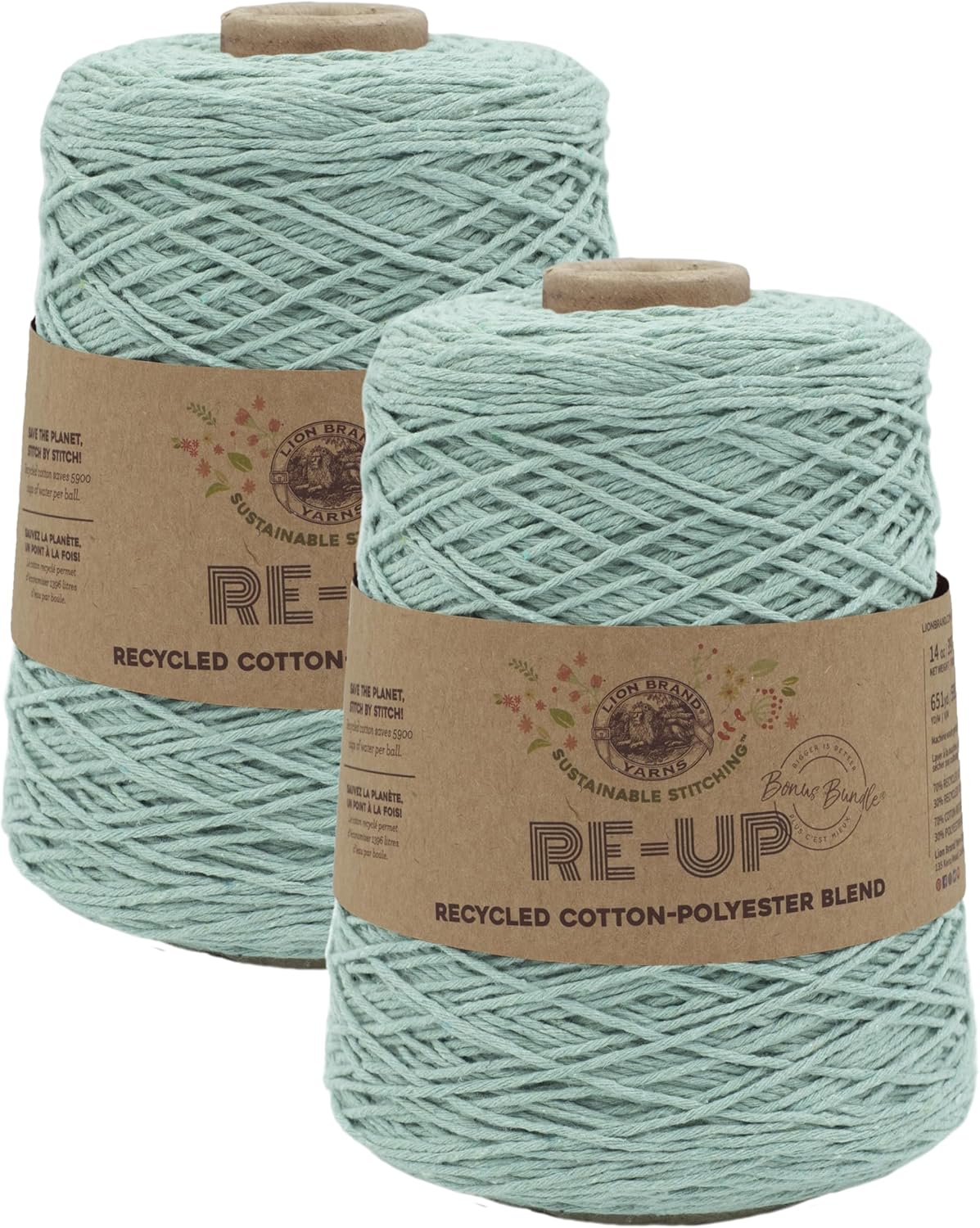 Lion Brand Yarn Re-Up Bonus Bundle Cotton Blend Yarn for Knitting and Crochet, Surf Spray, 2 Pack
