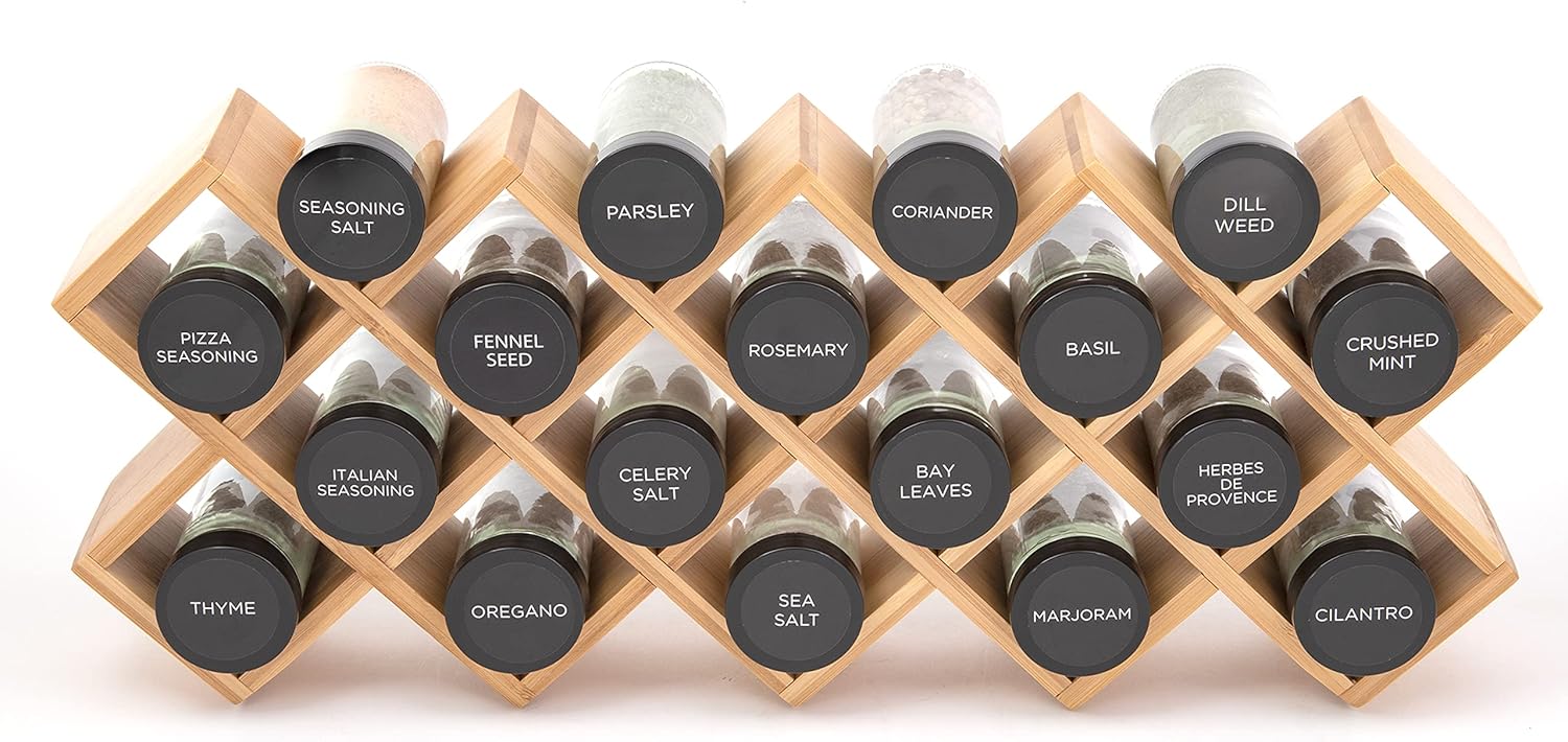 Kamenstein 18 Jar Criss-Cross 2-in-1 Spice Organizer for Countertop or Wall with Spices Included, FREE Spice Refills for 5 Years, Bamboo with Black Caps