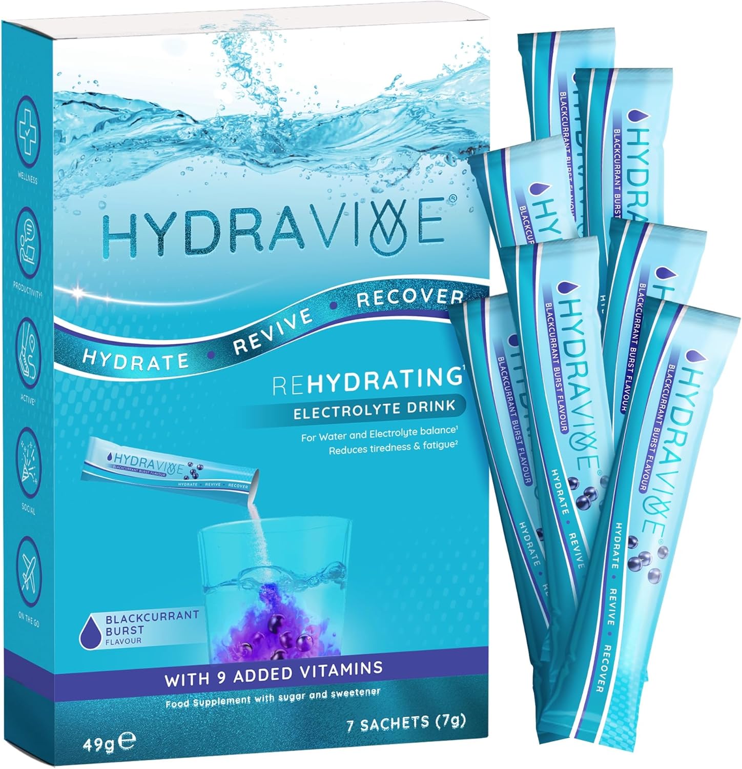 Hydravive® Rehydration Electrolytes Powder - High Strength Vitamin C and All 8 B Vitamins: B1, B3, B5, B12 Supplement Sachet Drink - Effervescent Electrolyte Hydration Tablets - 7 Pack Blackcurrant