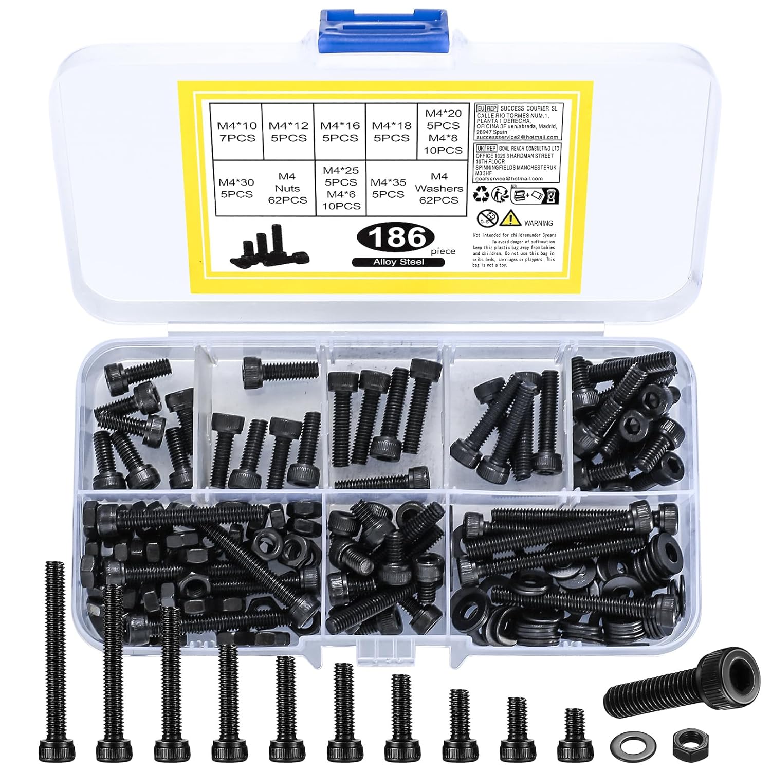 M4 Nuts and Bolts Set, 186 Pcs Hexagon Socket Head Cap Screws, Hex Socket Cap Head Screw, Black Machine Scraw Bolts and Nuts and Flat Washers Assortment Kit, for DIY Bicycle Motorcycle Repair