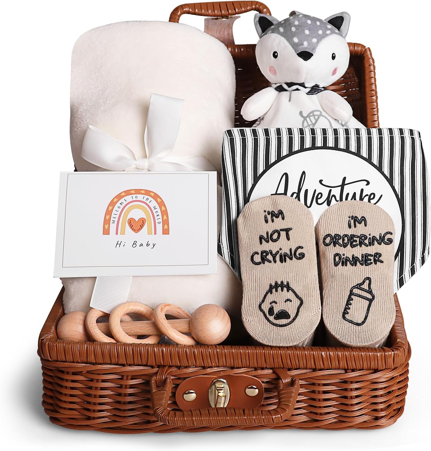 Baby Shower Gifts, Baby Boy Gifts, Unique Baby Gift Basket Essentials Stuff - Baby Lovey Blanket Newborn Bibs Socks Wooden Rattle & Greeting Card, Newborn Baby Gift Set, Baby Girl Gift