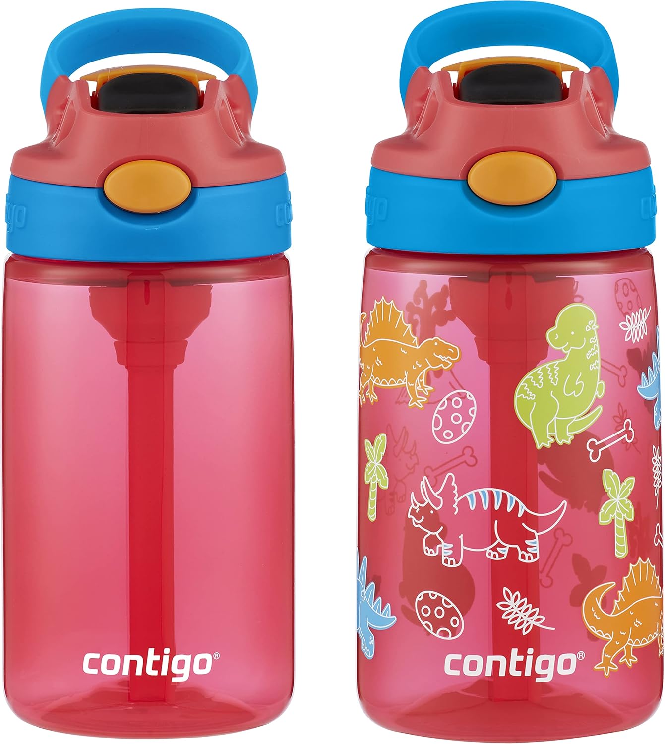 Contigo 14oz Kids Cleanable Water Bottle with Silicone Straw and Spill-Proof Lid, 2-Pack in Watermelon & Dinos, Dishwasher-Safe