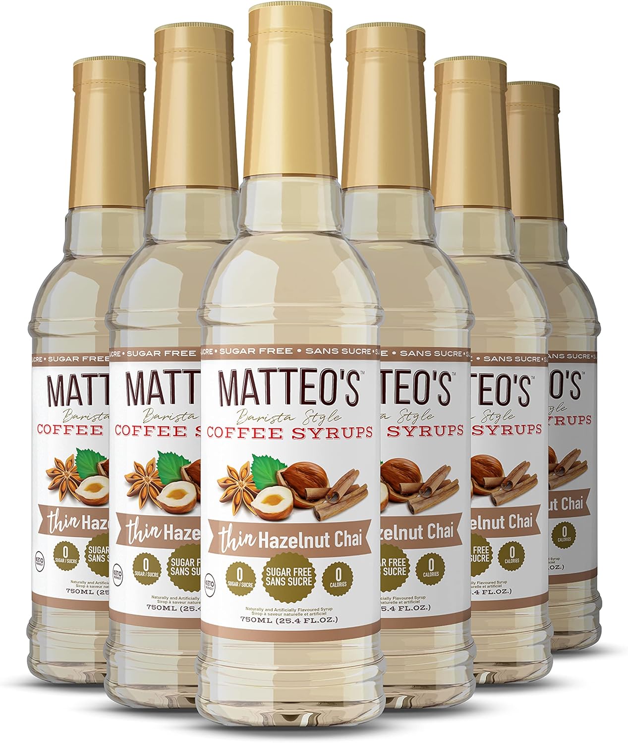 Matteo's Sugar Free Coffee Flavoring Syrup, Hazelnut Chai, Delicious Coffee Syrup, 0 Calorie, 0 Sugar Coffee Syrups, Keto Friendly, 25.4 Oz, 6-Pack
