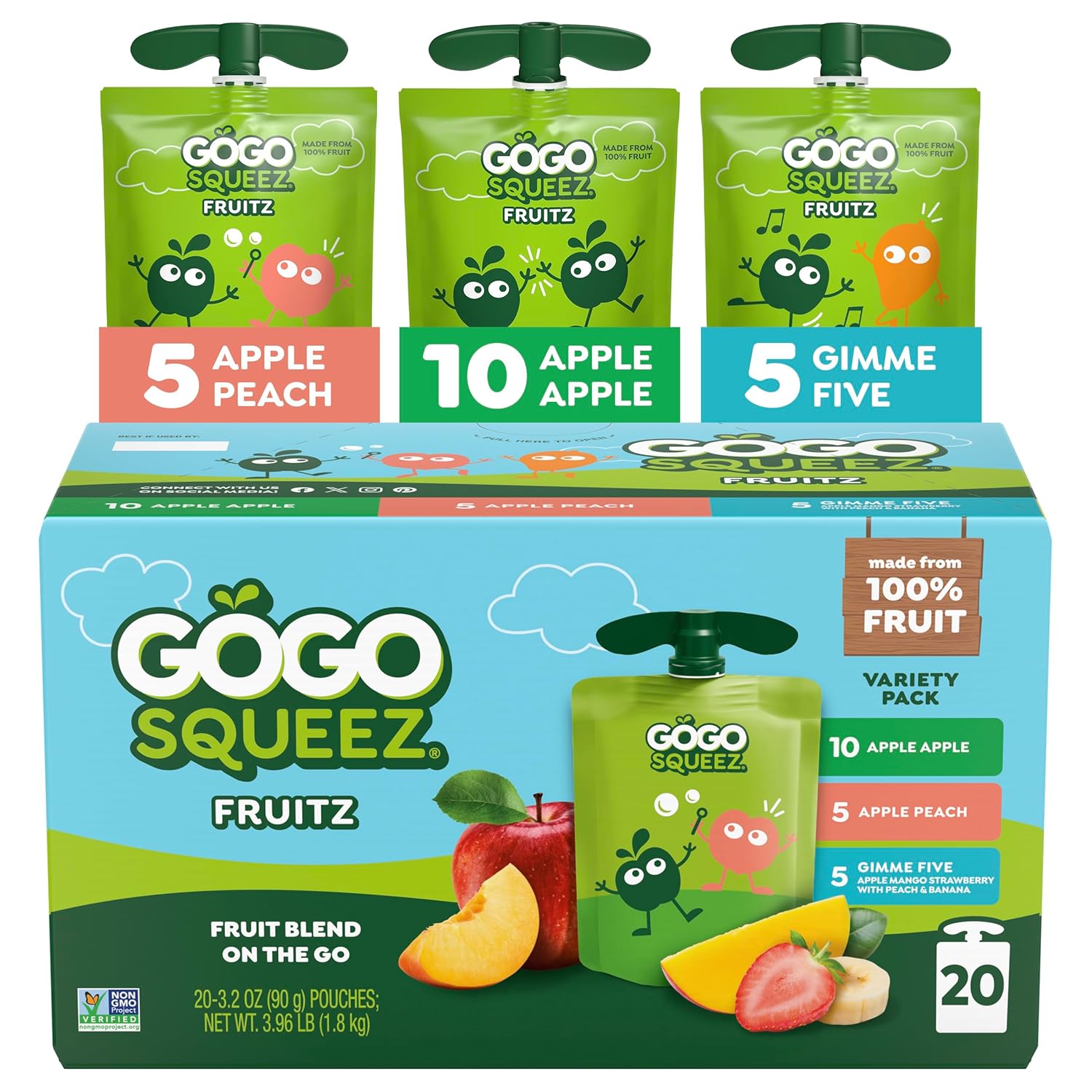 GoGo squeeZ Applesauce and Fruit Puree Variety Pack, Apple, Peach & Gimme Five!, 3.2 oz (Pack of 20), Unsweetened Fruit Snacks for Kids, Gluten Free, Nut Free, BPA Free Pouches (Packaging May Vary)