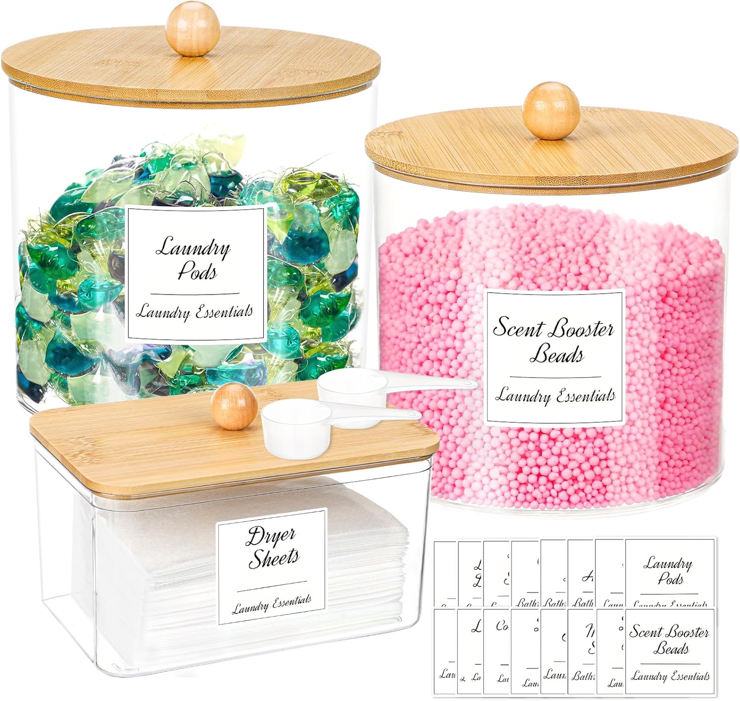 JUNEBRUSHS 3 Pack Laundry Powder Container Dryer Sheet Holder, Large Plastic Laundry Room Organization and Storage Jars with Bamboo Lids, Labels & Scoops for Powder, Detergent, Scent Booster