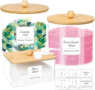 JUNEBRUSHS 3 Pack Laundry Powder Container Dryer Sheet Holder, Large Plastic Laundry Room Organization and Storage Jars with Bamboo Lids, Labels & Scoops for Powder, Detergent, Scent Booster