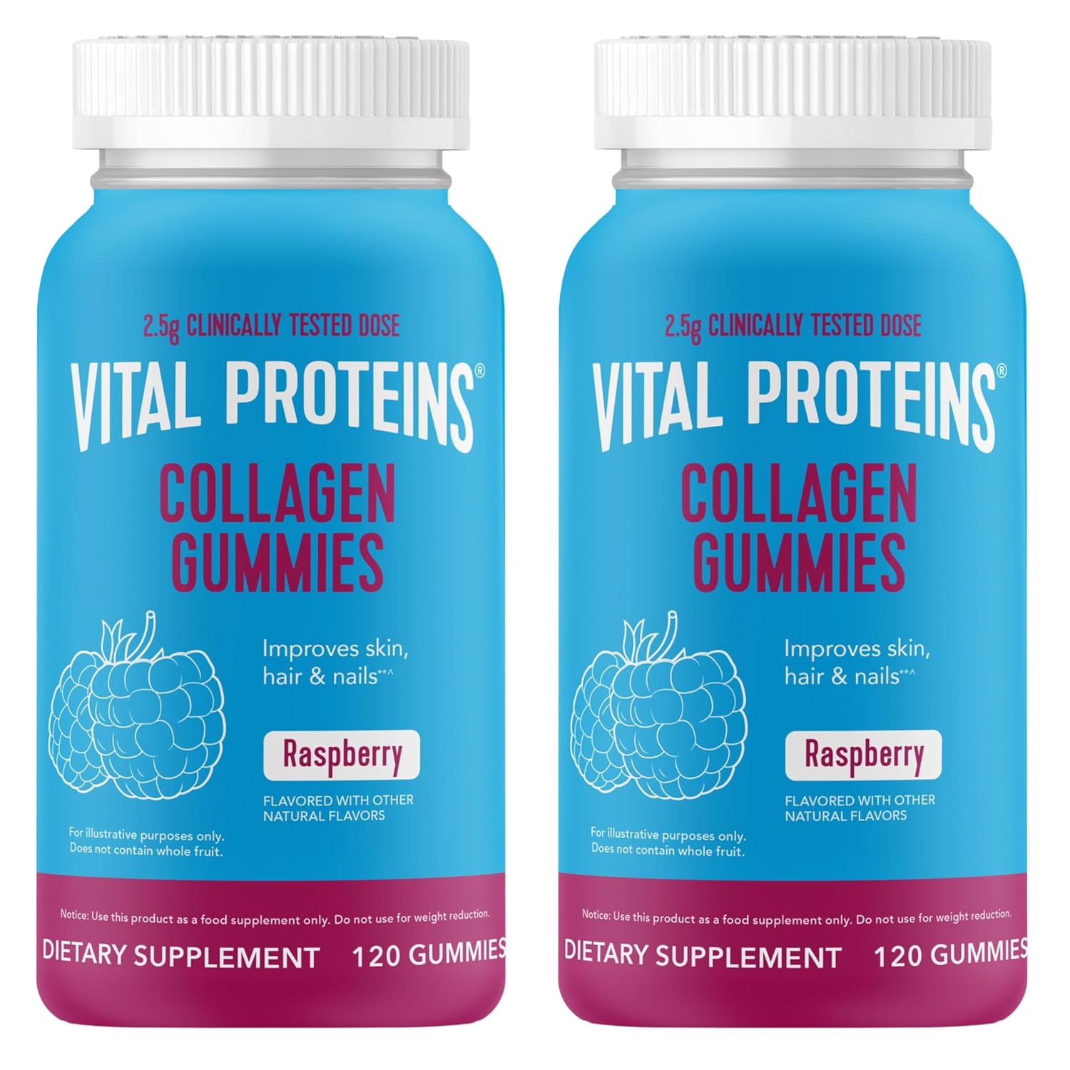 Vital Proteins Collagen Gummies, 2.5g of Clinically-Tested Collagen for Hair, Skin, Nails & Wrinkles, 120 ct Bottle, Pack of 2, Raspberry Flavor
