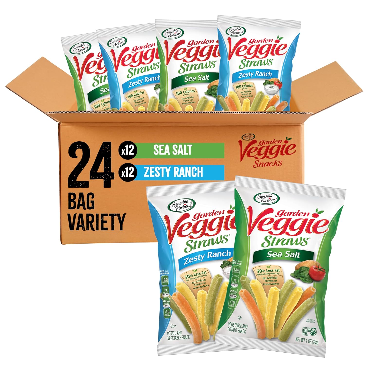 Sensible Portions Garden Veggie Snacks - Veggie Straws, Snack Size Variety Pack, Sea Salt & Zesty Ranch, 1 Oz (Pack of 24)