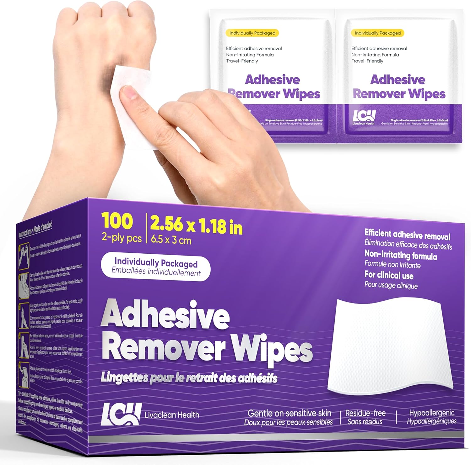Livaclean Health Adhesive Remover Wipes for Skin 100 CT – Medical Adhesive Remover for Tape, Plaster & Sticky Residue – Individually Wrapped, Non-Greasy 2-Ply 2.56x1.18in (6.5x3cm) Skin Wipes