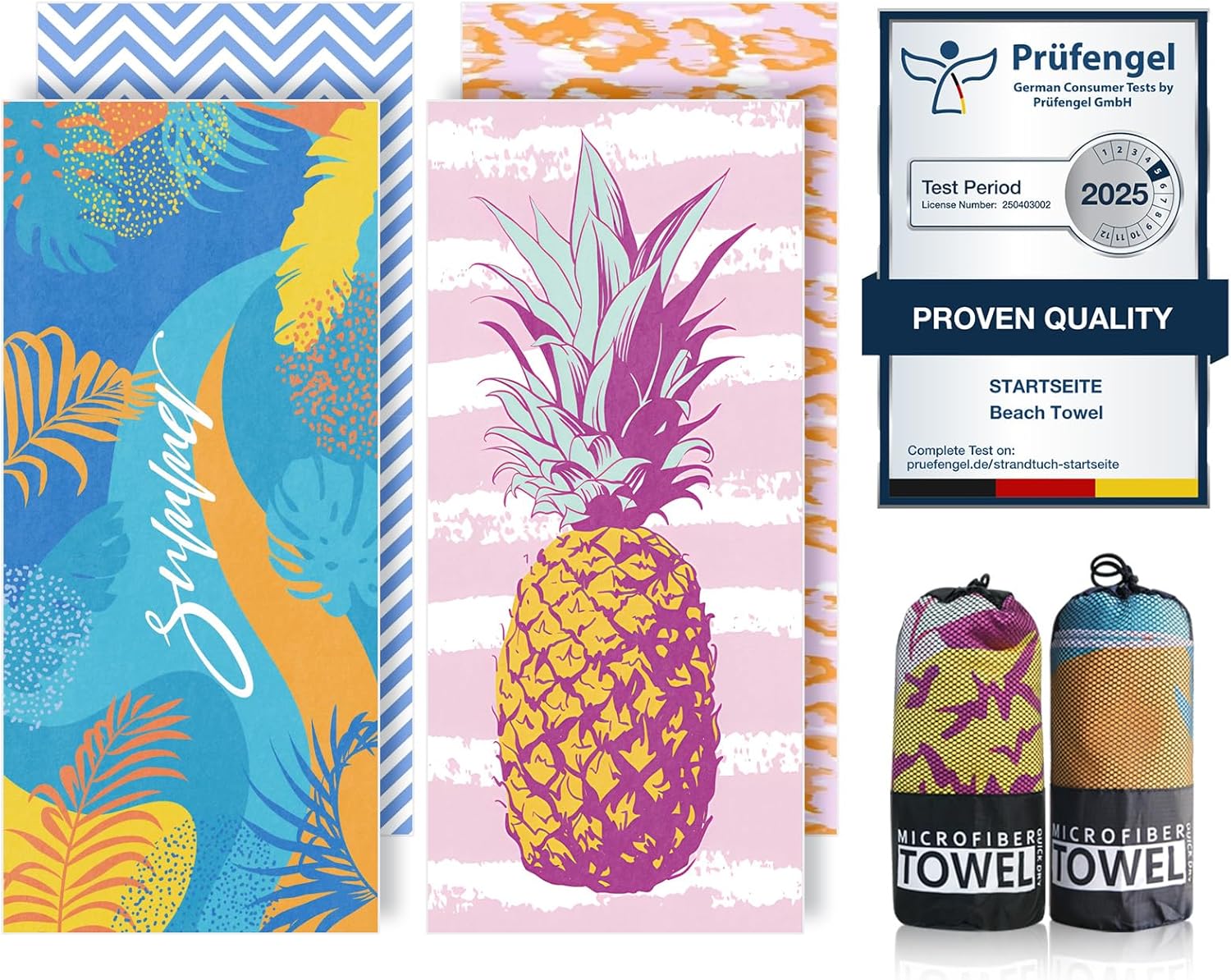 Microfibre Beach Towels for Adults - 200x90cm 2 Pack Extra Large Beach Towels in Gift Boxed, 250 GSM, Sand Free, Lightweight & Quick Dry Beach Towel for Swim, Travel and Gym(Word & Pineapple)