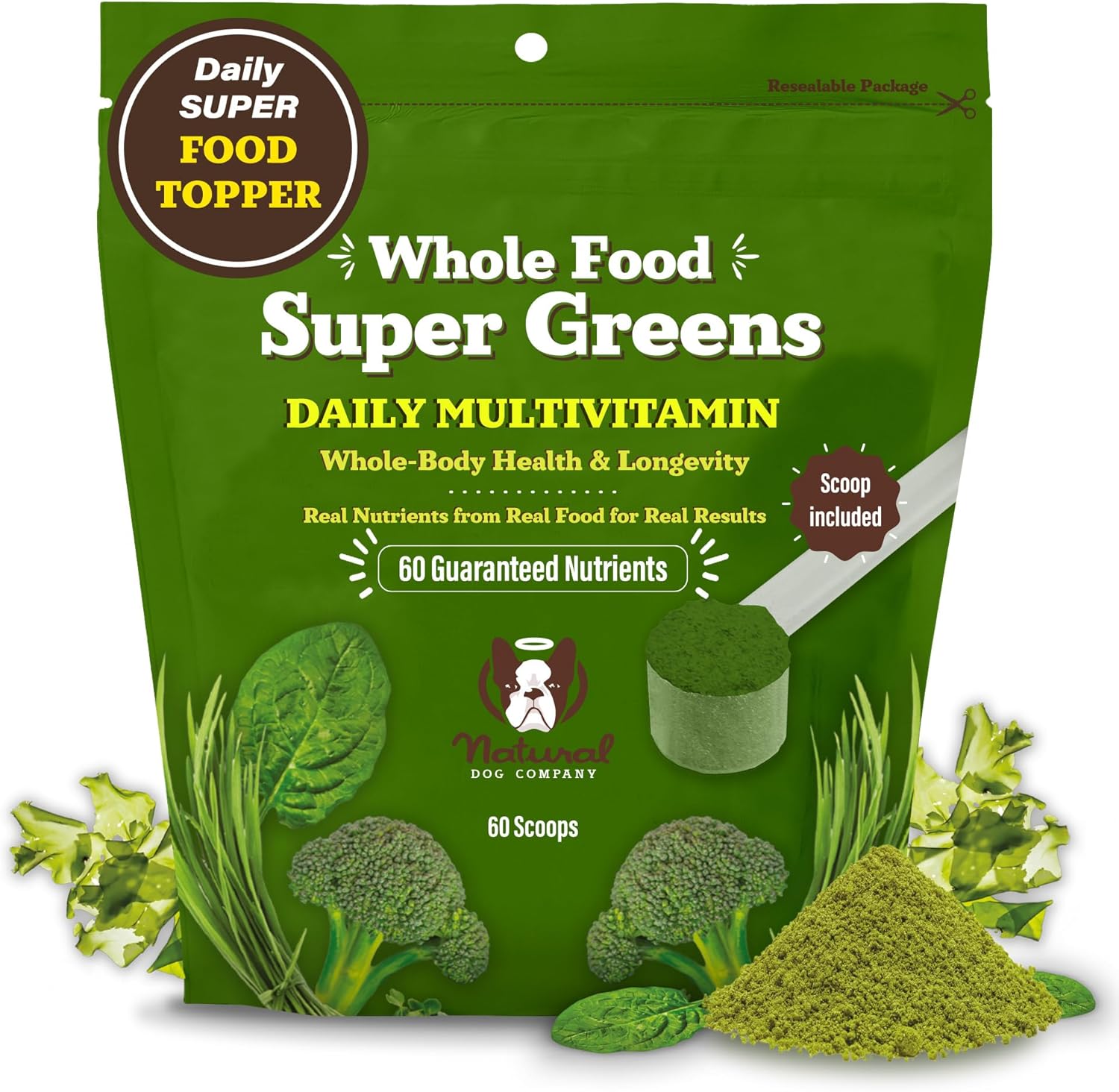 Natural Dog Company Dog Food Topper, Super Greens Dog Multivitamin Powder, Dog Vitamins and Supplements, Boost Immunity & Digestion, Dog Wellness Granules, Nutrient-Rich Food Topper for Dogs, 8 oz