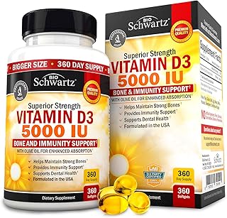 Vitamin D3 5000 IU (125 mcg) Natural Immune Support Supplement, Bone Strength, Healthy Muscle Function, with Olive Oil for Highest Absorption, Gluten Free & Non-GMO, 1 Year Supply, 360 Softgels