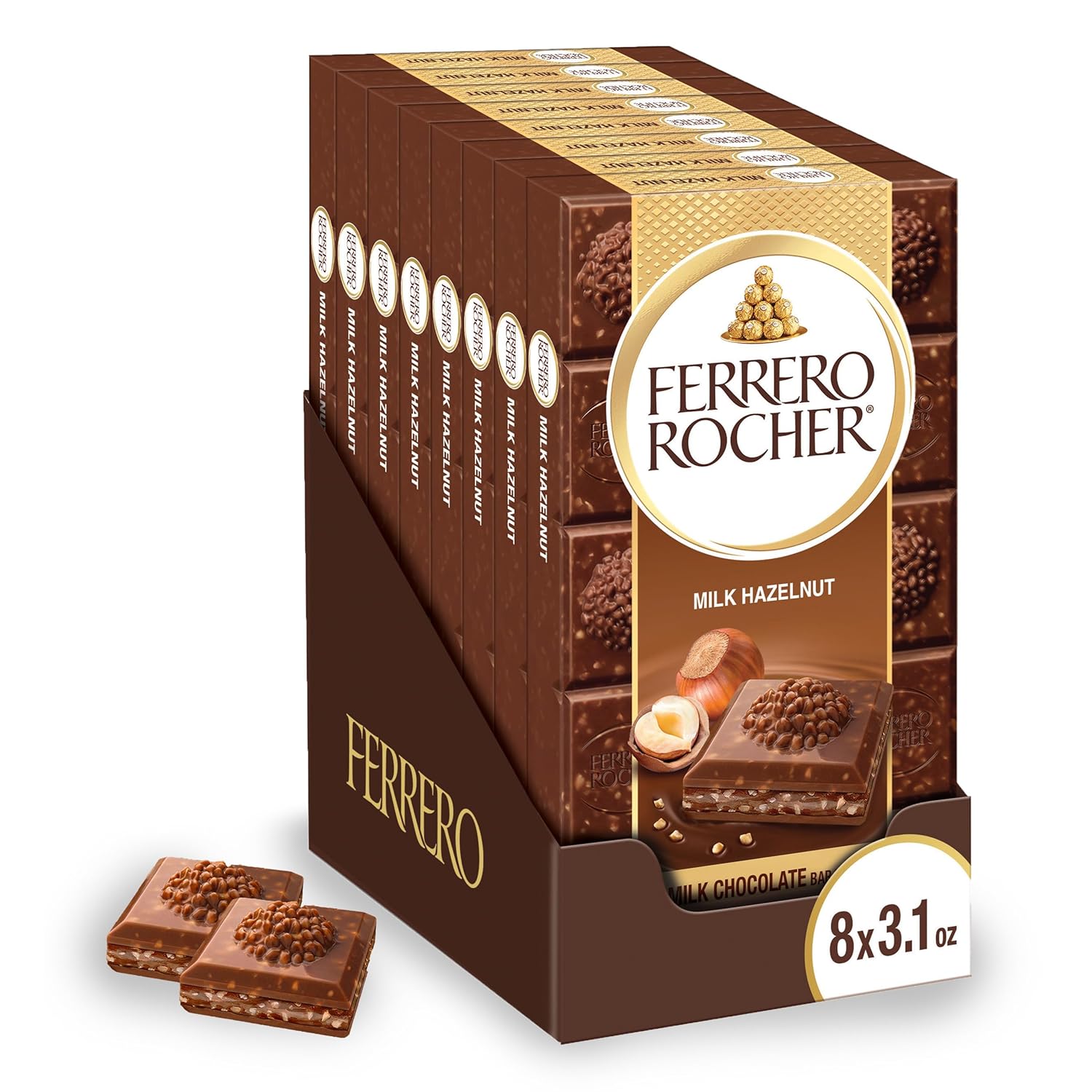 Ferrero Rocher Premium Chocolate Bars, 8 Pack, Chocolate Hazelnut 3.1 oz Each