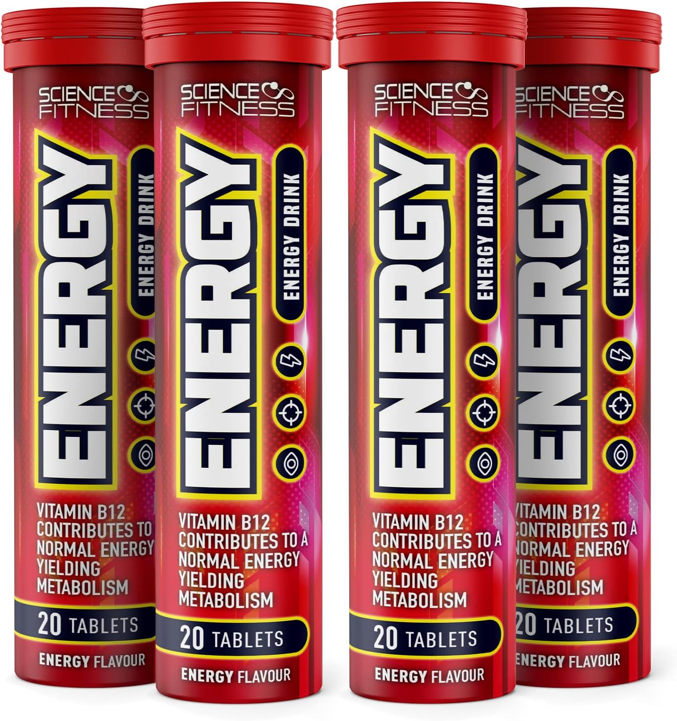 Effervescent Energy Tablets with Caffeine & Taurine by Science Fitness - for Improved Energy, Vision & Concentration - Contains Niacin, Pantothenic Acid, Vitamin B6 & B2-20 Tablets (4 Tubes)