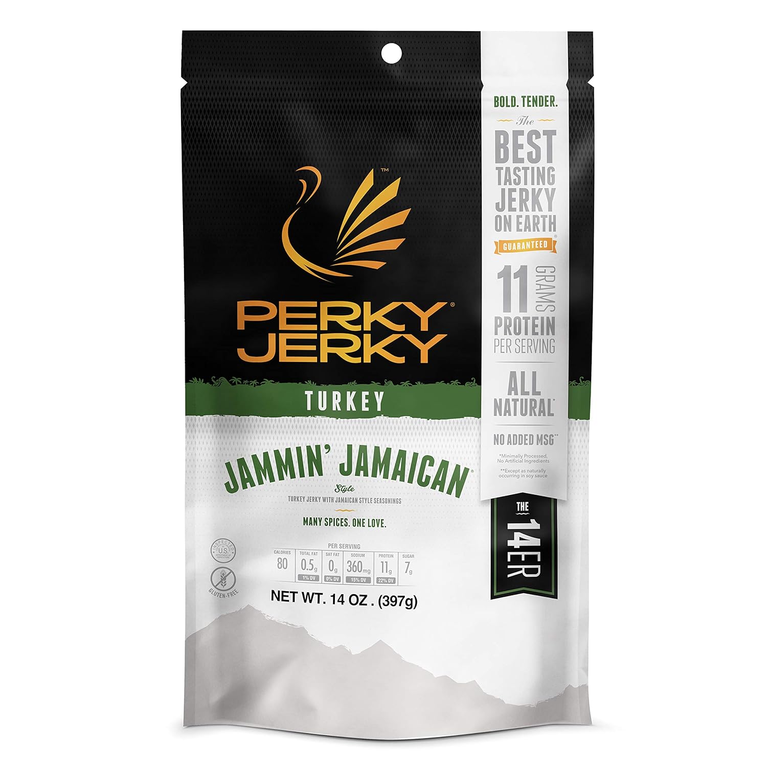 Perky Jerky Jammin' Jamaican Turkey Jerky, 14oz - Low Sodium - 11g Protein per Serving - Low Fat - 100% U.S. Sourced - Tender Texture and Bold Flavor