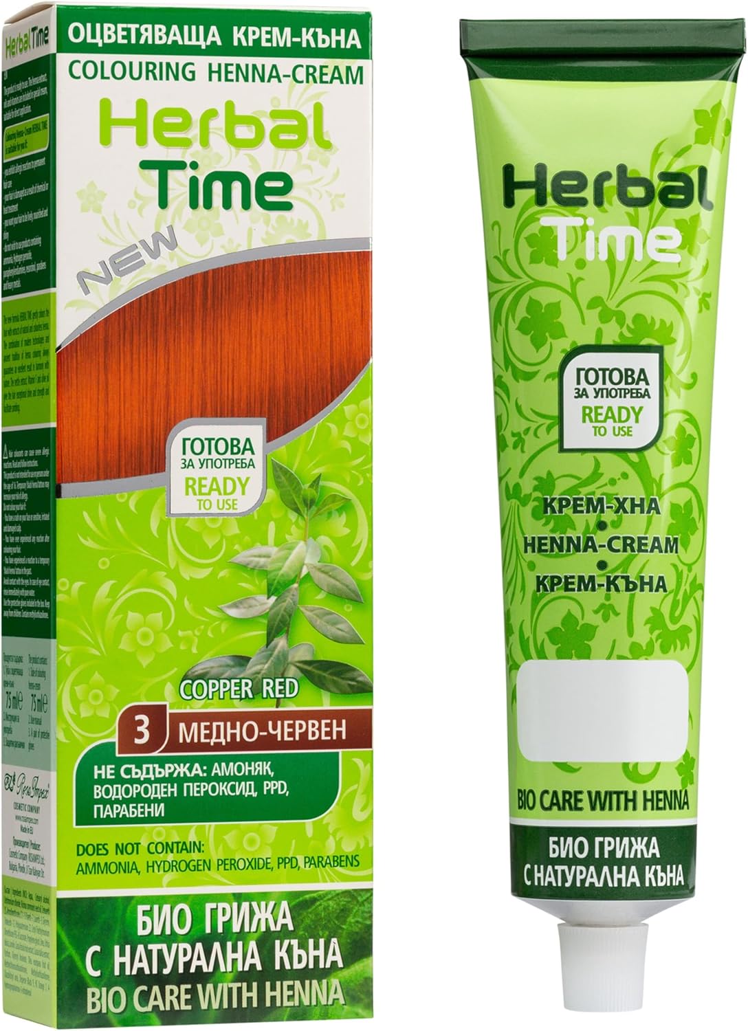 Herbal Time Henna Natural Cream Color Coppery Red Nº 3 | Henna Coloring Cream with Nettle Extract | Gray Hair Cover | Temporary Color Dye Cream | Ammonia Free, Sulfates Free, Parabens Free | 75 ml