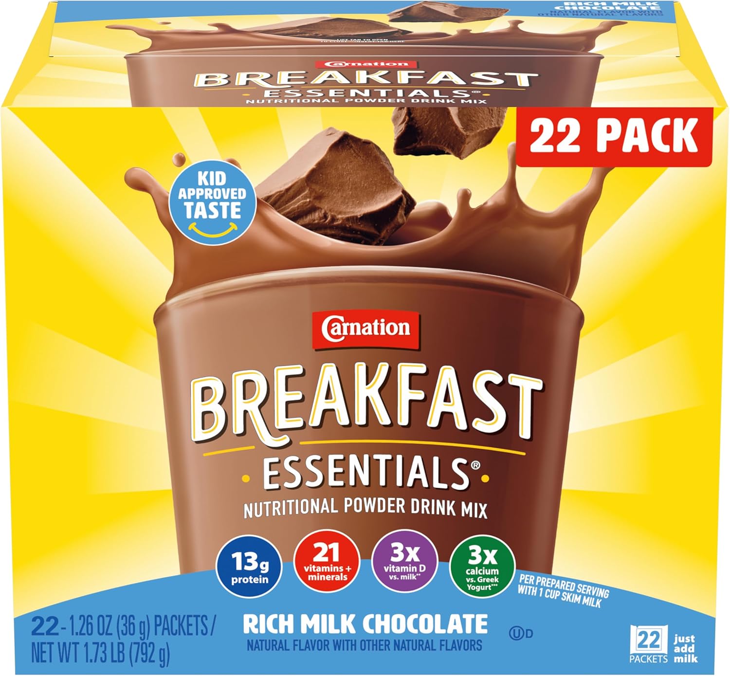 Carnation Breakfast Essentials Powder Drink Mix, Rich Milk Chocolate, 22 Count Box of 1.26 Ounce Packets
