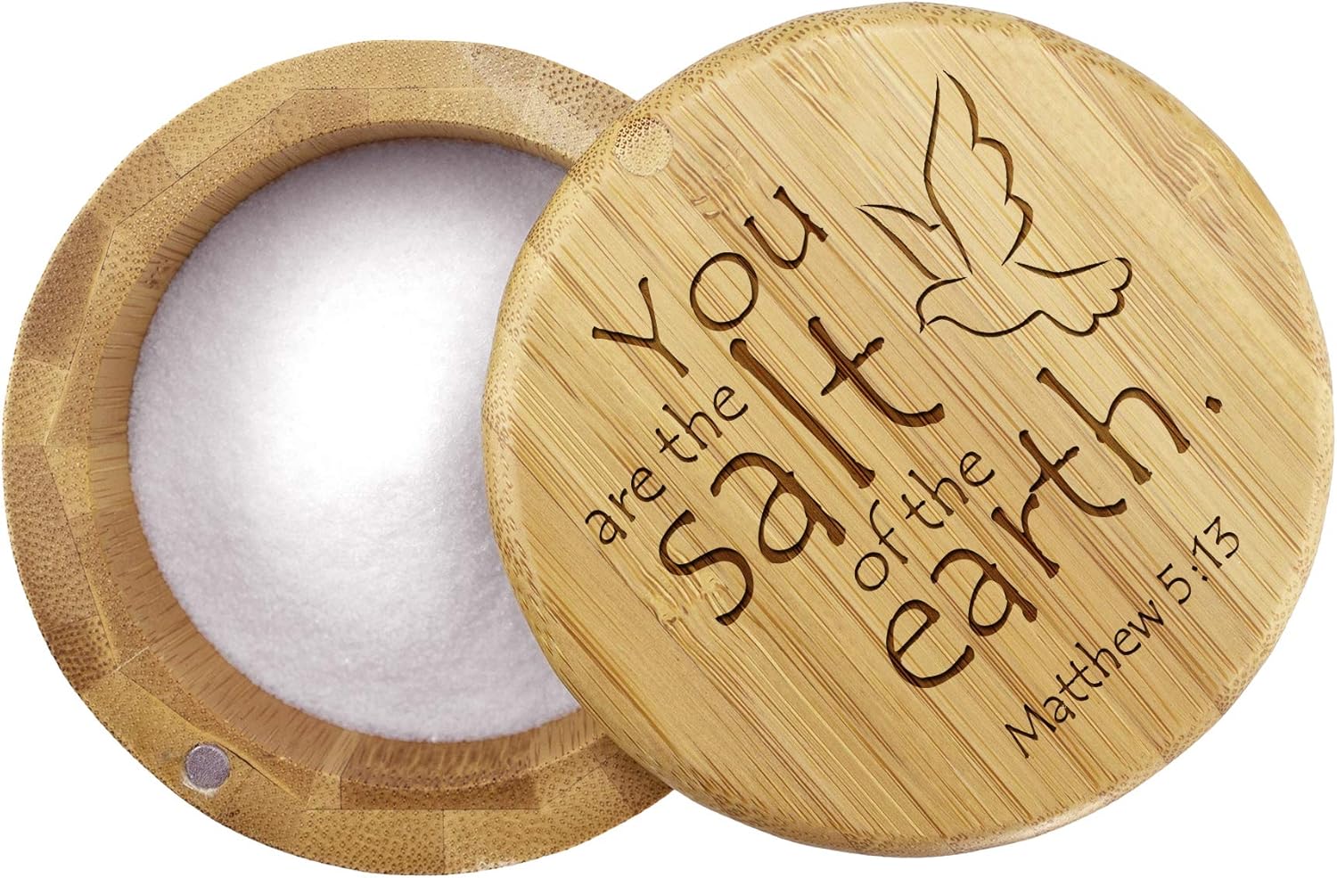 Totally Bamboo Salt Cellar Bamboo Storage Box with Magnetic Swivel Lid, 6 Ounce Capacity, You are the Salt of the Earth Matthew 5:13 Engraved on Lid