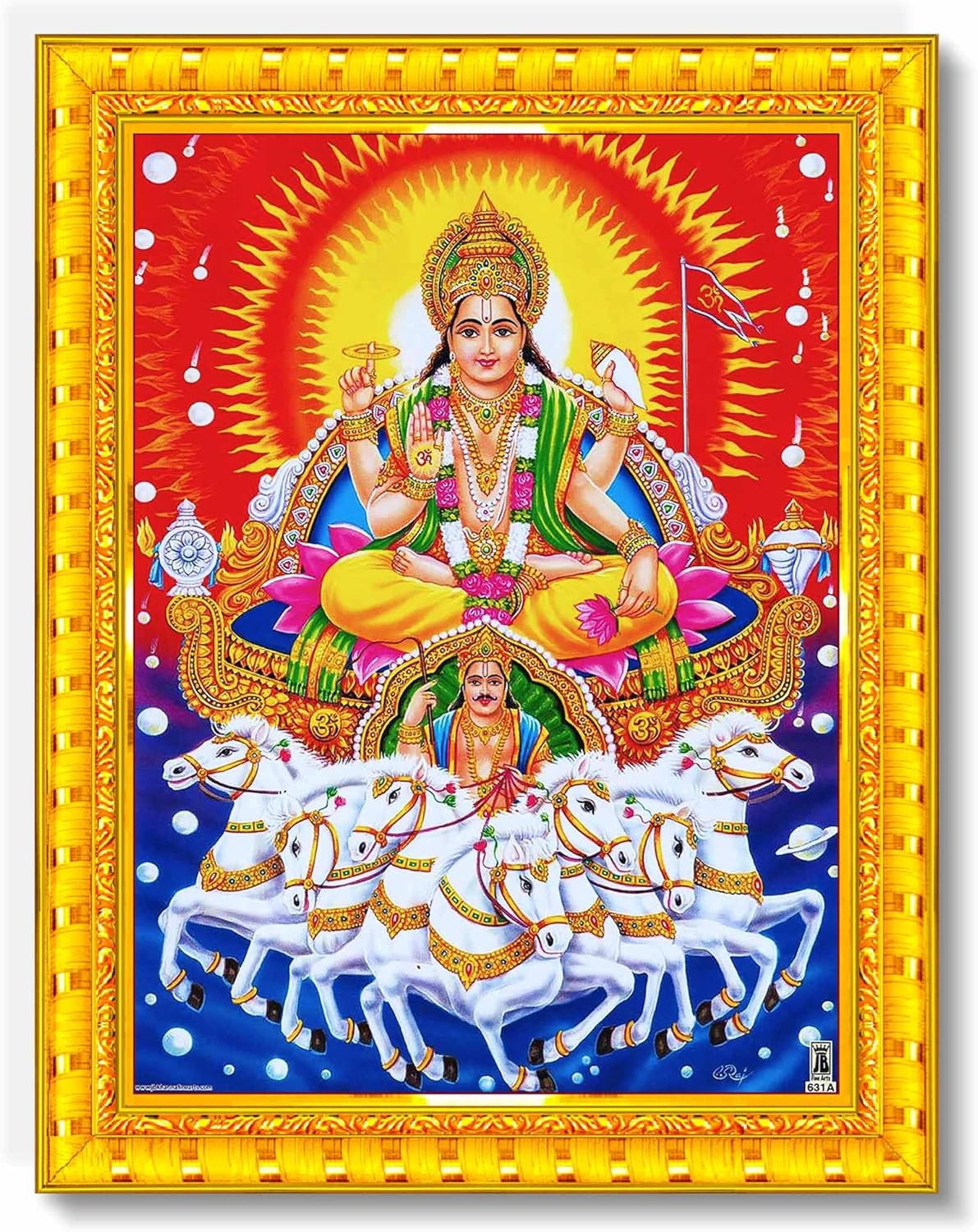 Pavan Photo Laminations Lord Surya Dev Bhagavan Bhagwan with 7 Horses Wall Painting Framed Home Decor (Wood,Matte,Gold,Small Size,6 x 8 Inch) R874S