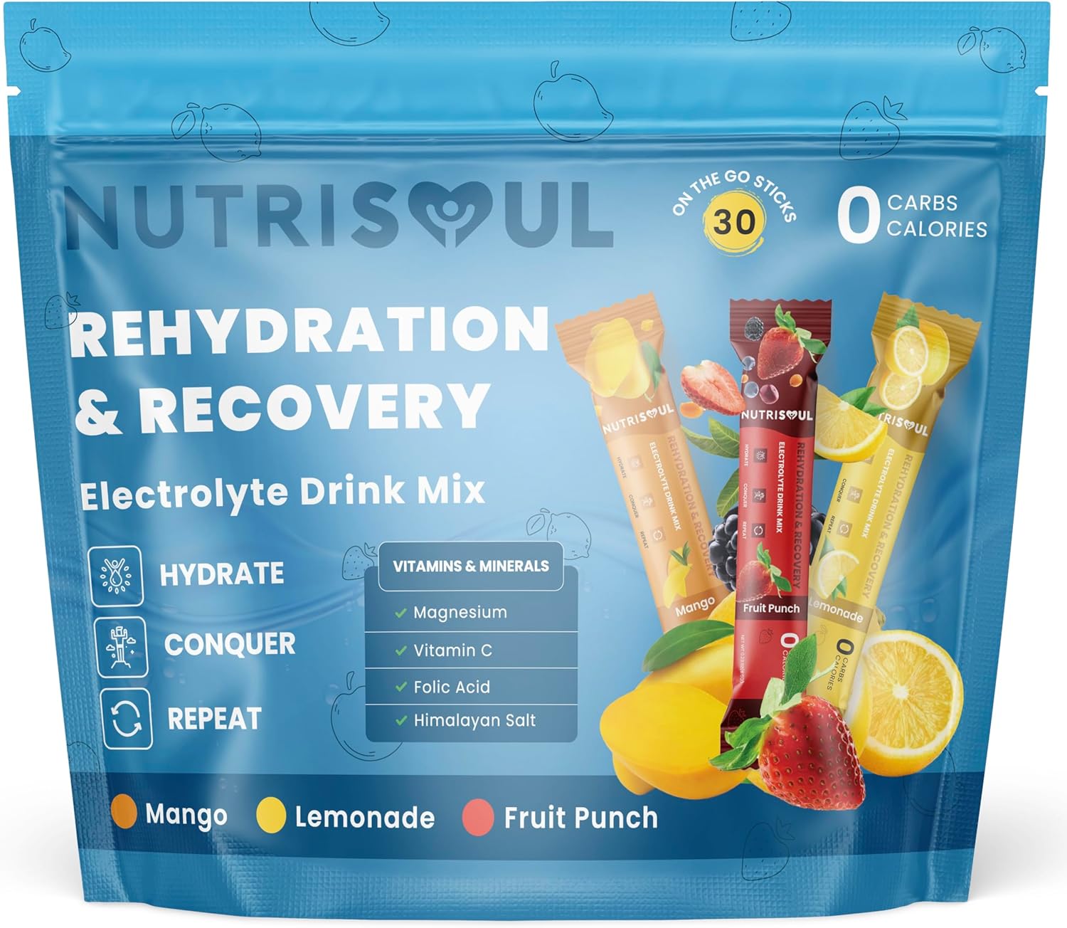 Rapid Rehydration Electrolyte Powder | 30 Sachets | Vitamins C, B1, B3 B5, B9, B12, Magnesium & Himalayn Salt | Zero Sugar | Revitalising Nutritional Electrolytes Hydration Drink Mix