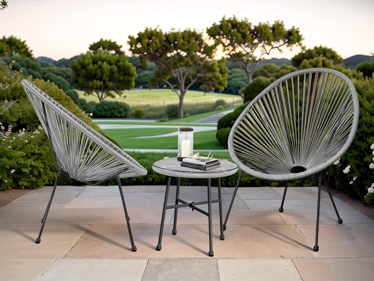 BUYEREMPIRE Outdoor Patio Furniture Set: String Patio Egg Chairs with Glass Top Round Coffee Table and Sofa - Perfect for Relaxing Outdoors! (Grey)