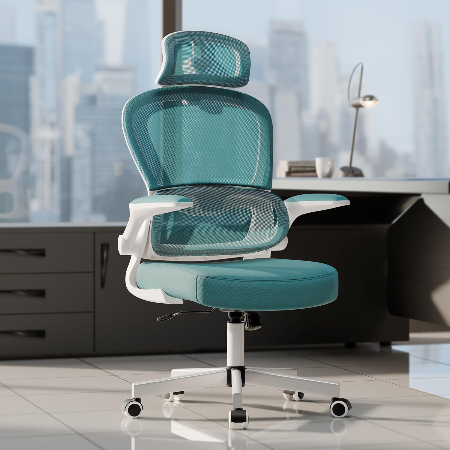 Blisswood Office Desk Chair with Headrest - 360° Swivel High Back Computer Mesh Chair for Gaming & Home Office - 130° Reclines - Lumbar Support - Adjustable Flip-Up Armrest -Tilt Function (Light Blue)