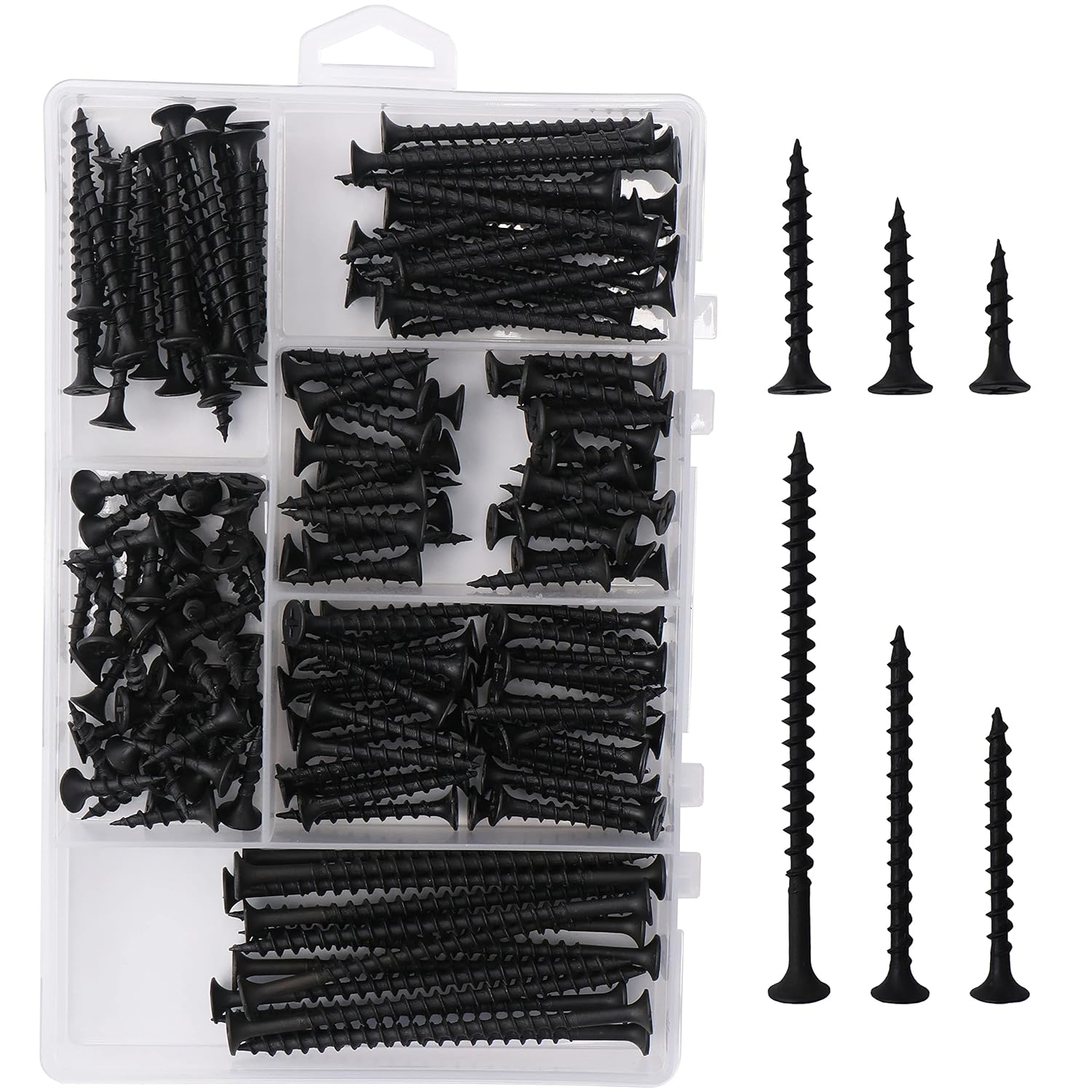 High Hardness Drywall Screws Assortment Kit, 166 pcs, Coarse Thread, Phillips Drive, Black Wood Screws, Screws Assortment, Screws Set, 6 Sizes (3”,2”,1-1/2”,1-1/4”,1”,3/4”)