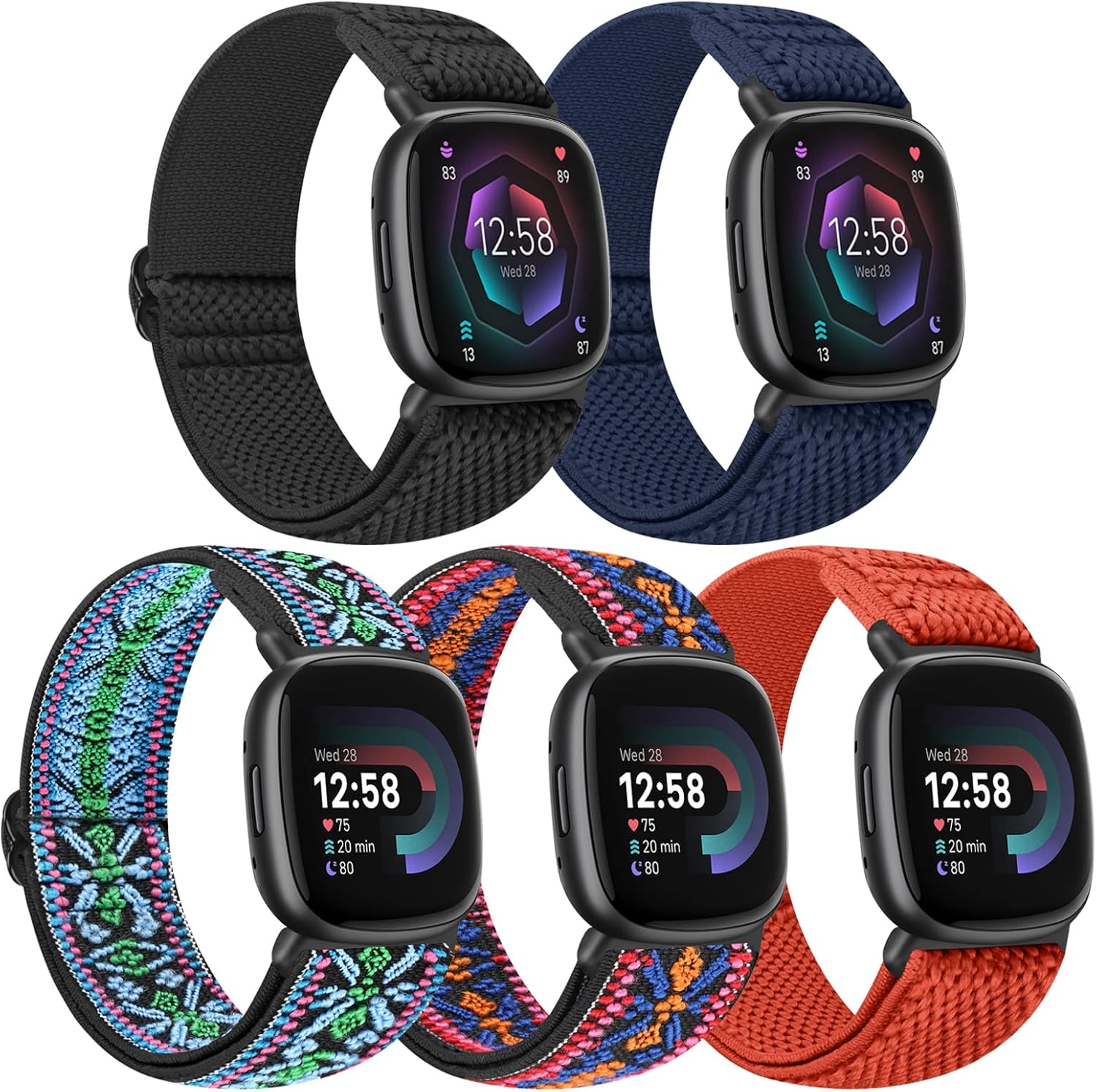 Tiptops 5 Pack Straps Compatible for Fitbit Versa 4/Fitbit Sense 2 Straps/Fitbit Versa 3/Fitbit Sense Bands Men Women, Adjustable Comfortable Loop Nylon Sports Replacement Stretchy Bands