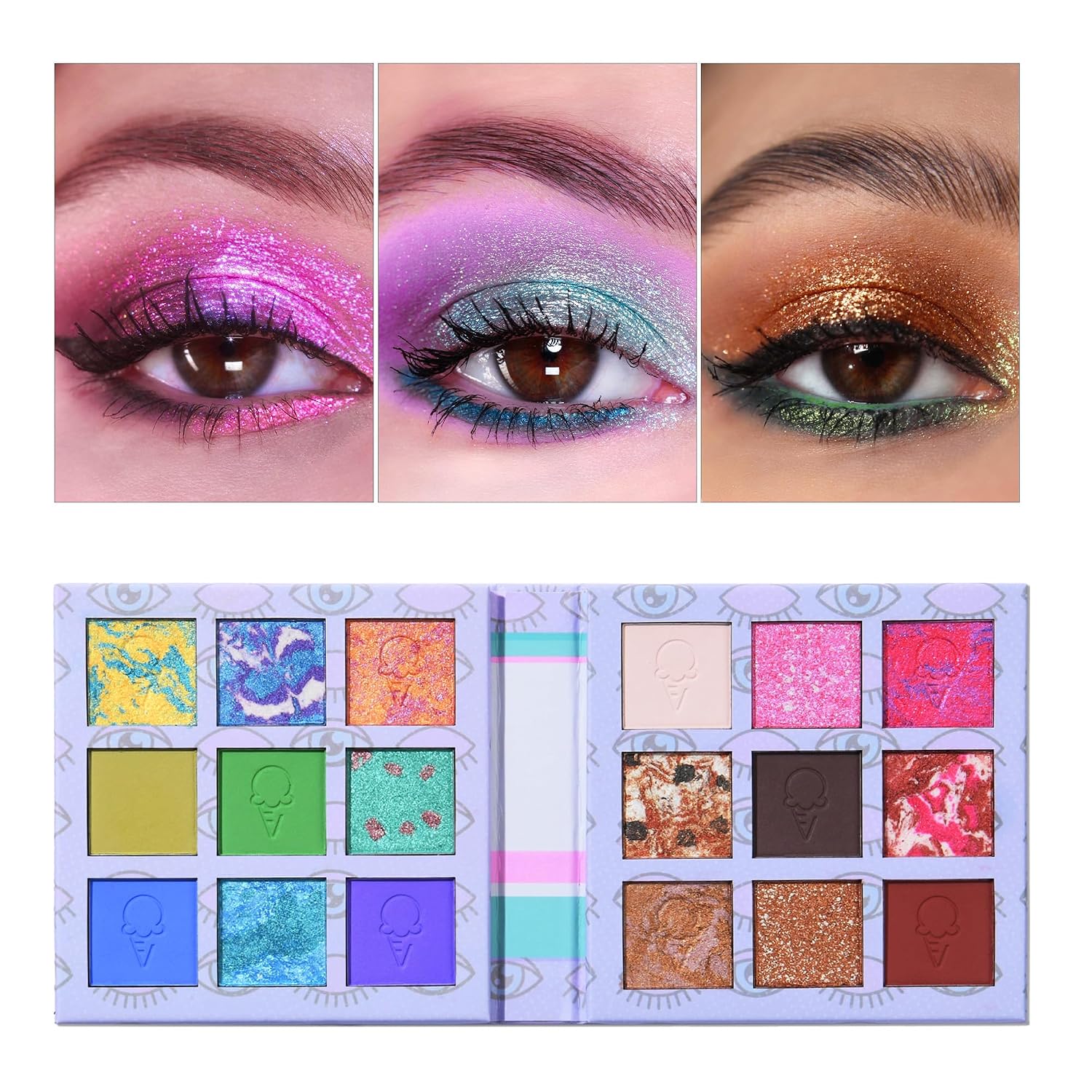 Eyes Cream Eyeshadow Palette Makeup, Blue Pink Nude Brown Glitter Shimmer Matte Eye Shadow Pallets for Cute Popular Eye Make up, 18 colors Ice Cream Original Design, Talc Free