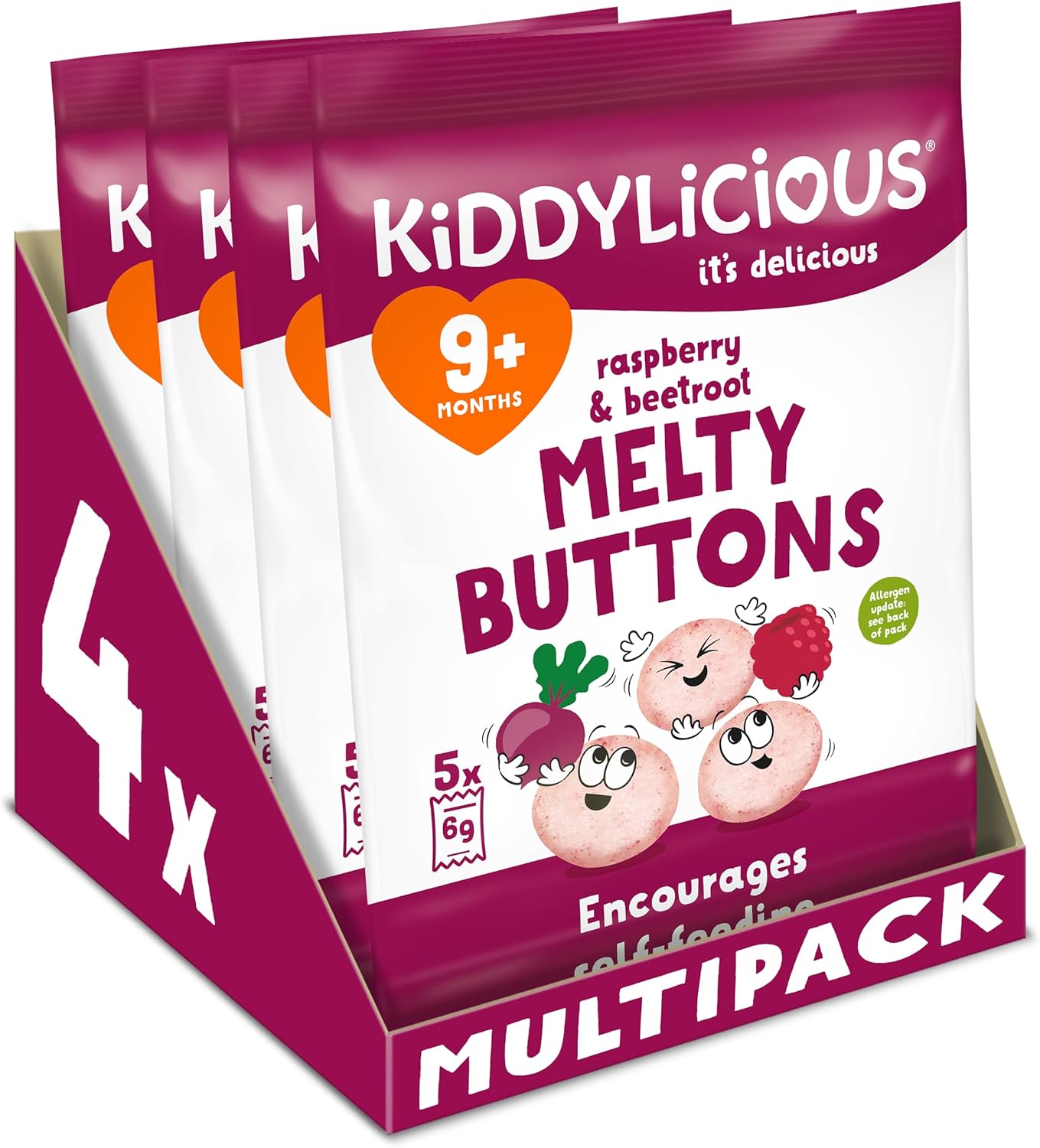 Kiddylicious Raspberry & Beetroot Melty Buttons - Delicious Snacks for Kids - Suitable for 9+ Months - 4 Packs of 5 (20 Total)
